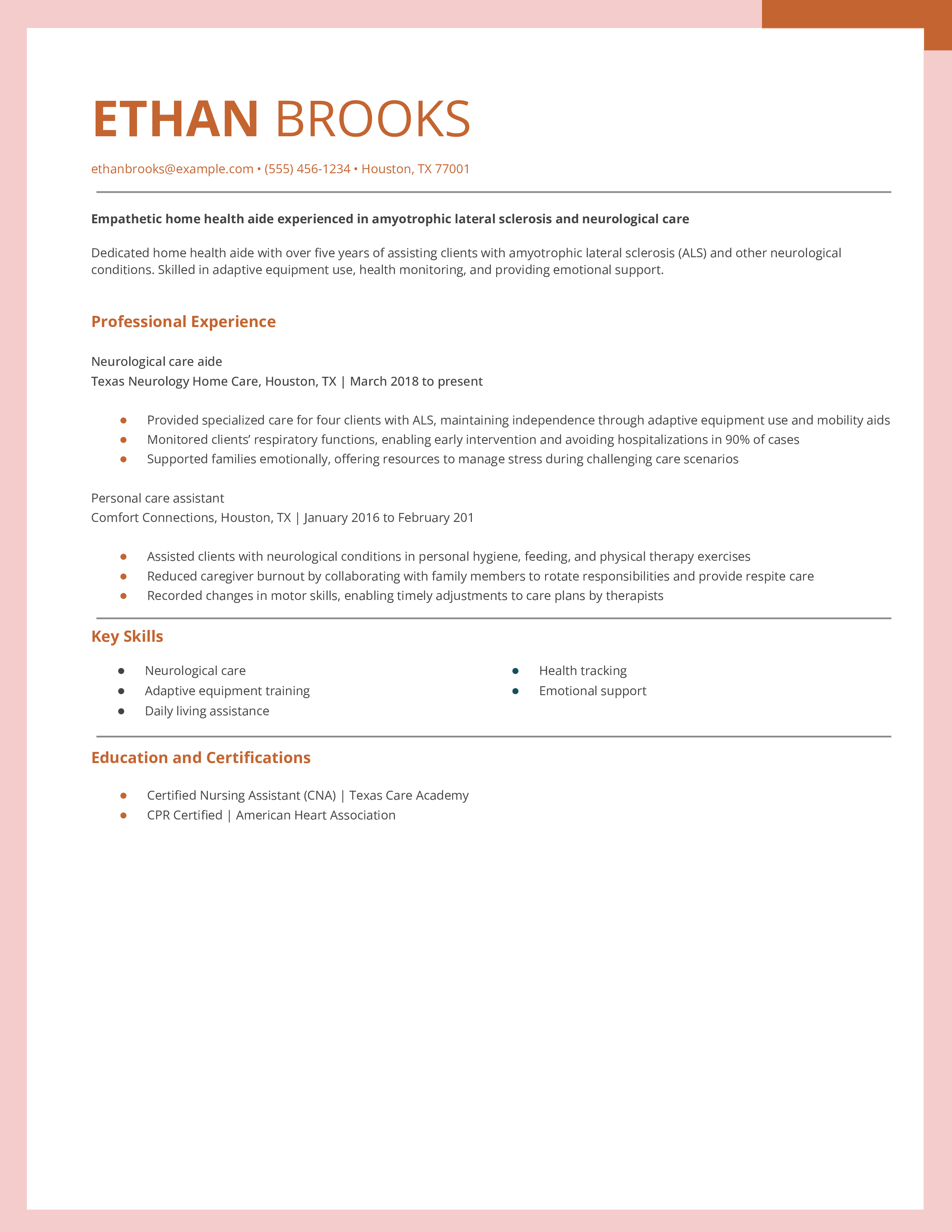 Neurological Care Home Health Aide Resume Example