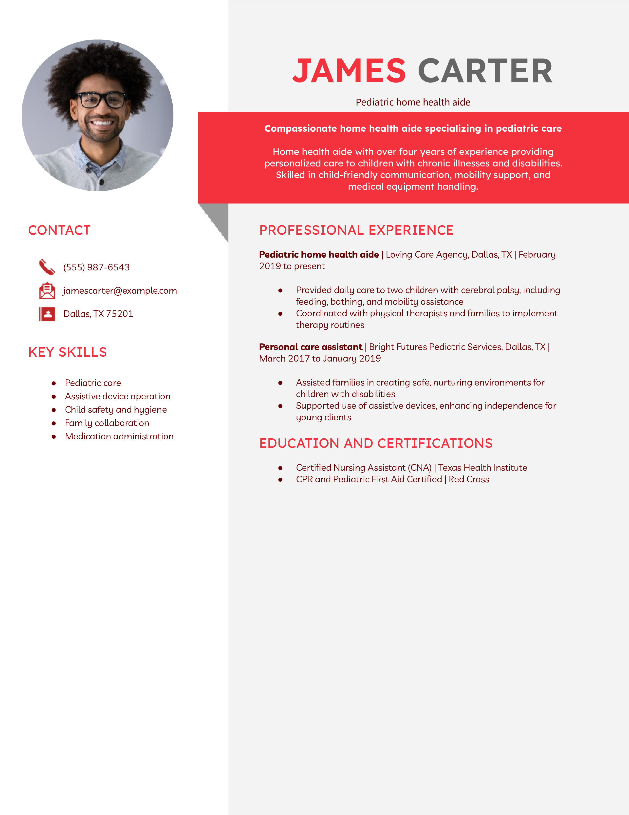 Pediatric Home Health Aide Resume Example