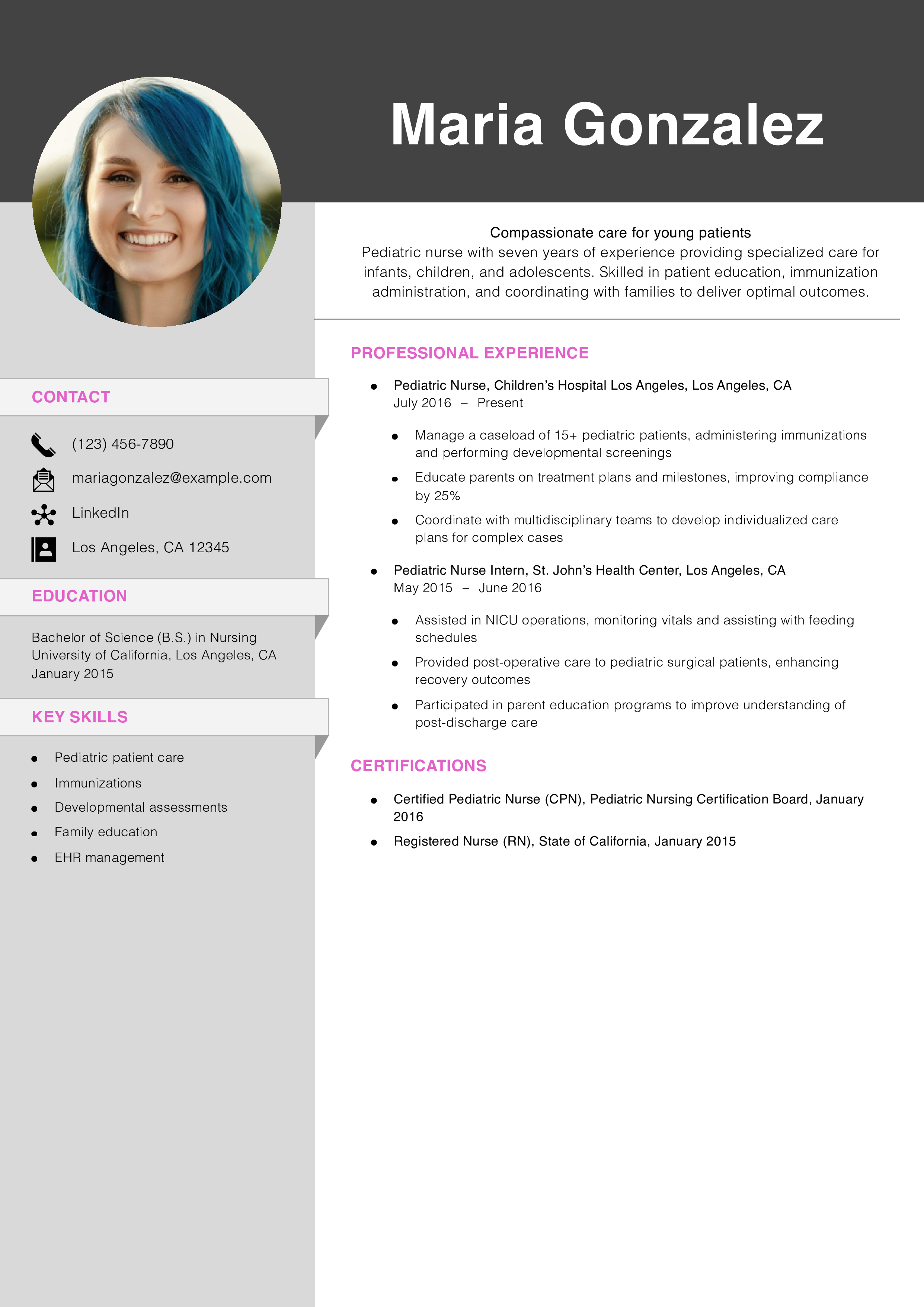 Pediatric Nurse Resume Example