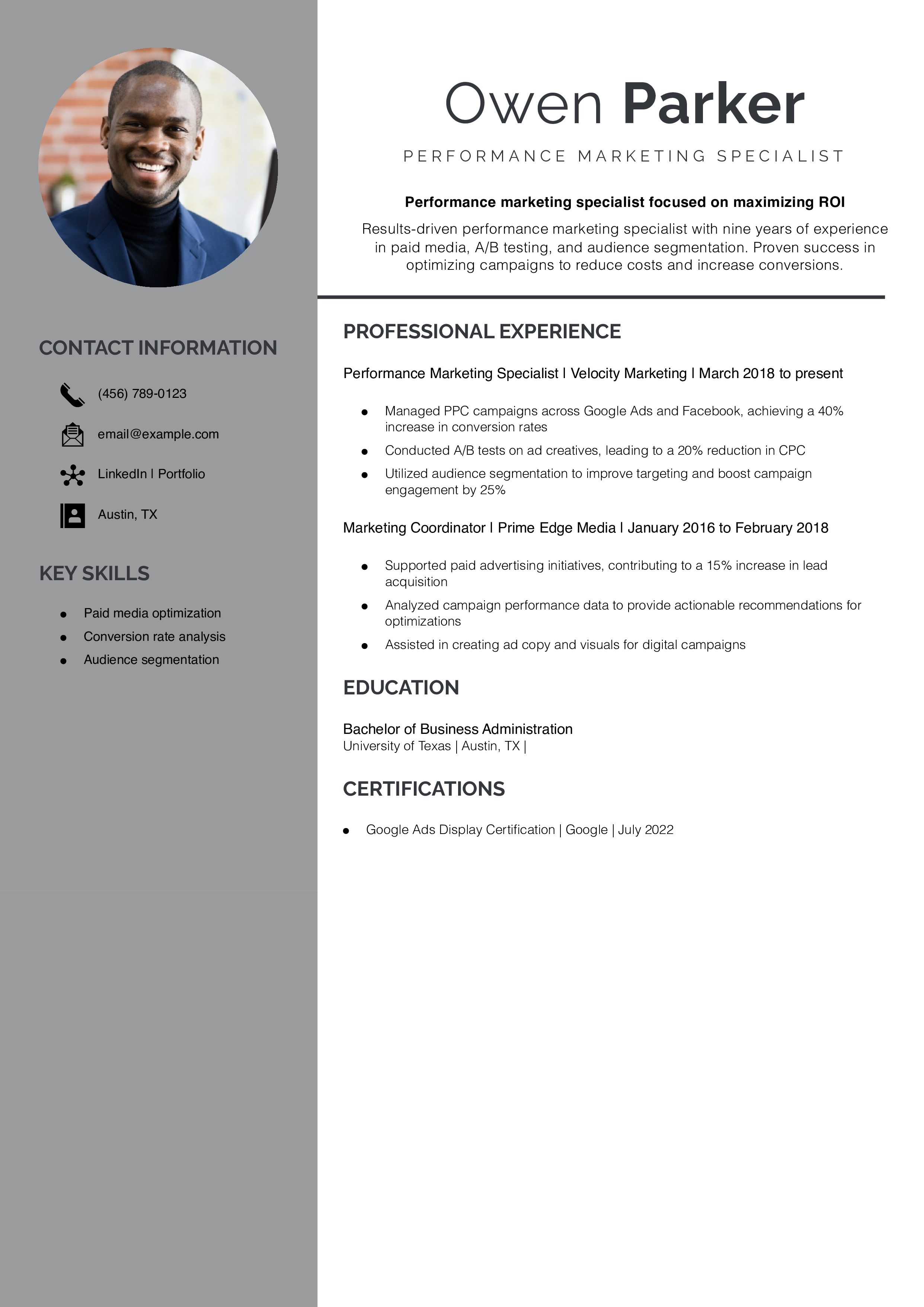Performance Marketing Specialist Resume