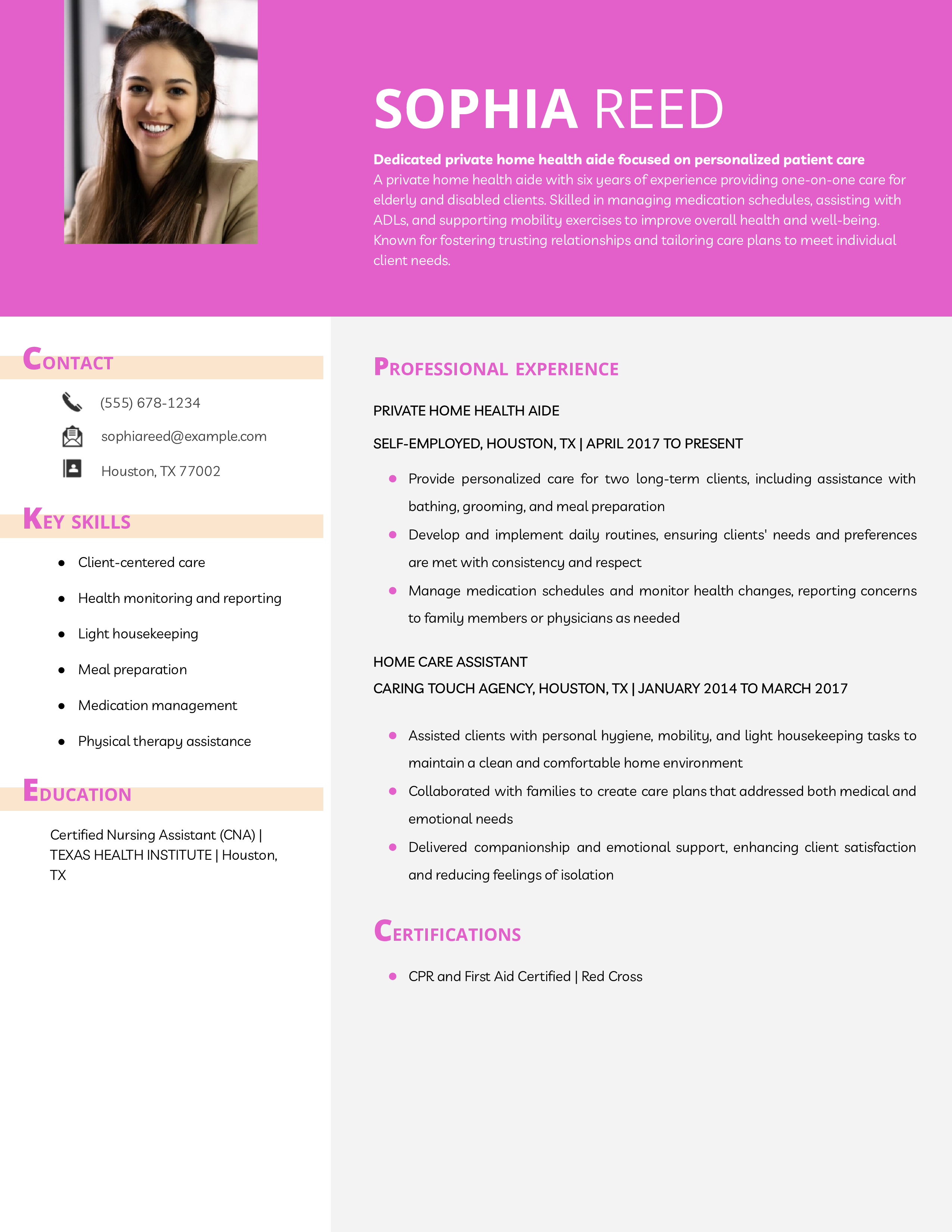 Private Home Health Aide Resume Example