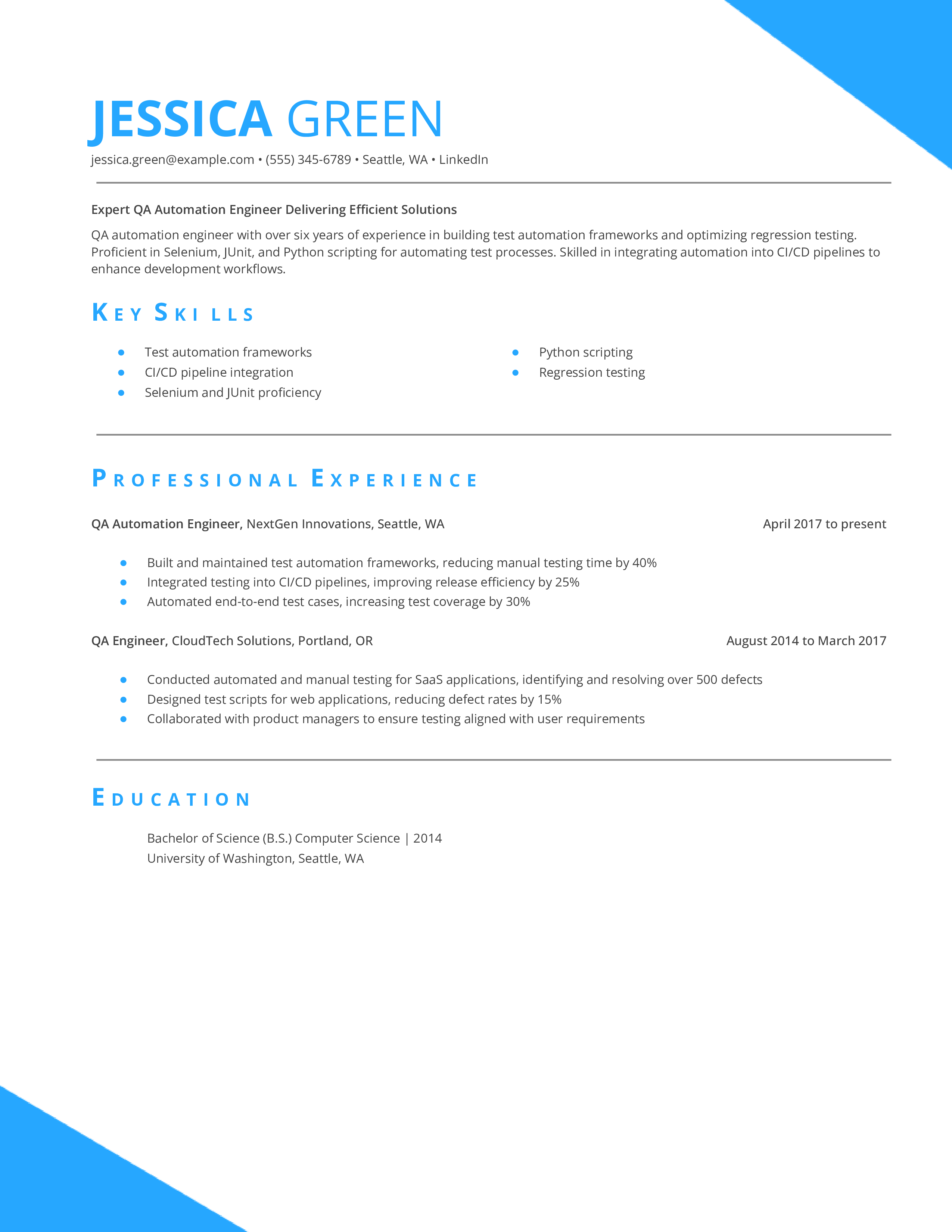 QA Automation Engineer Resume Example