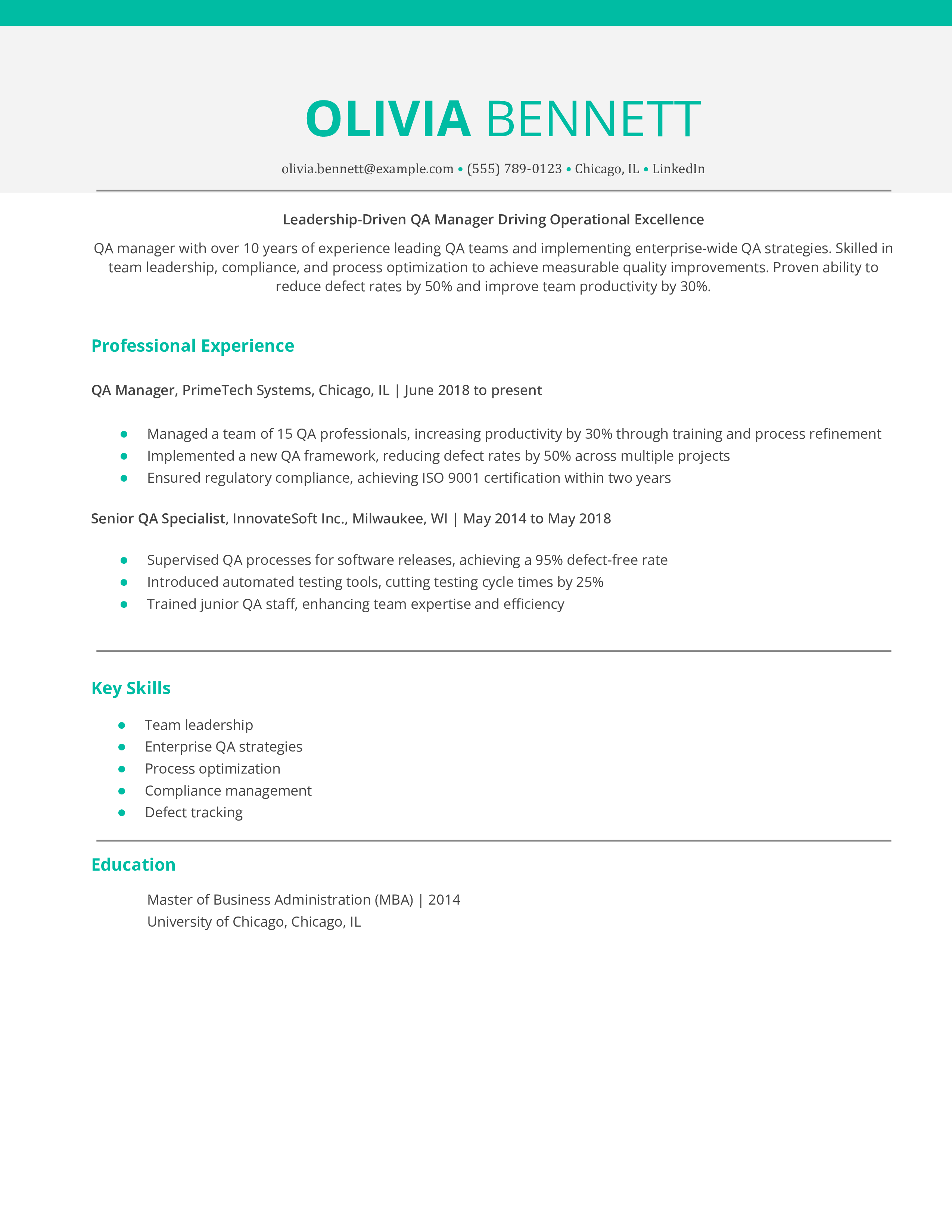 QA Manager Resume Example