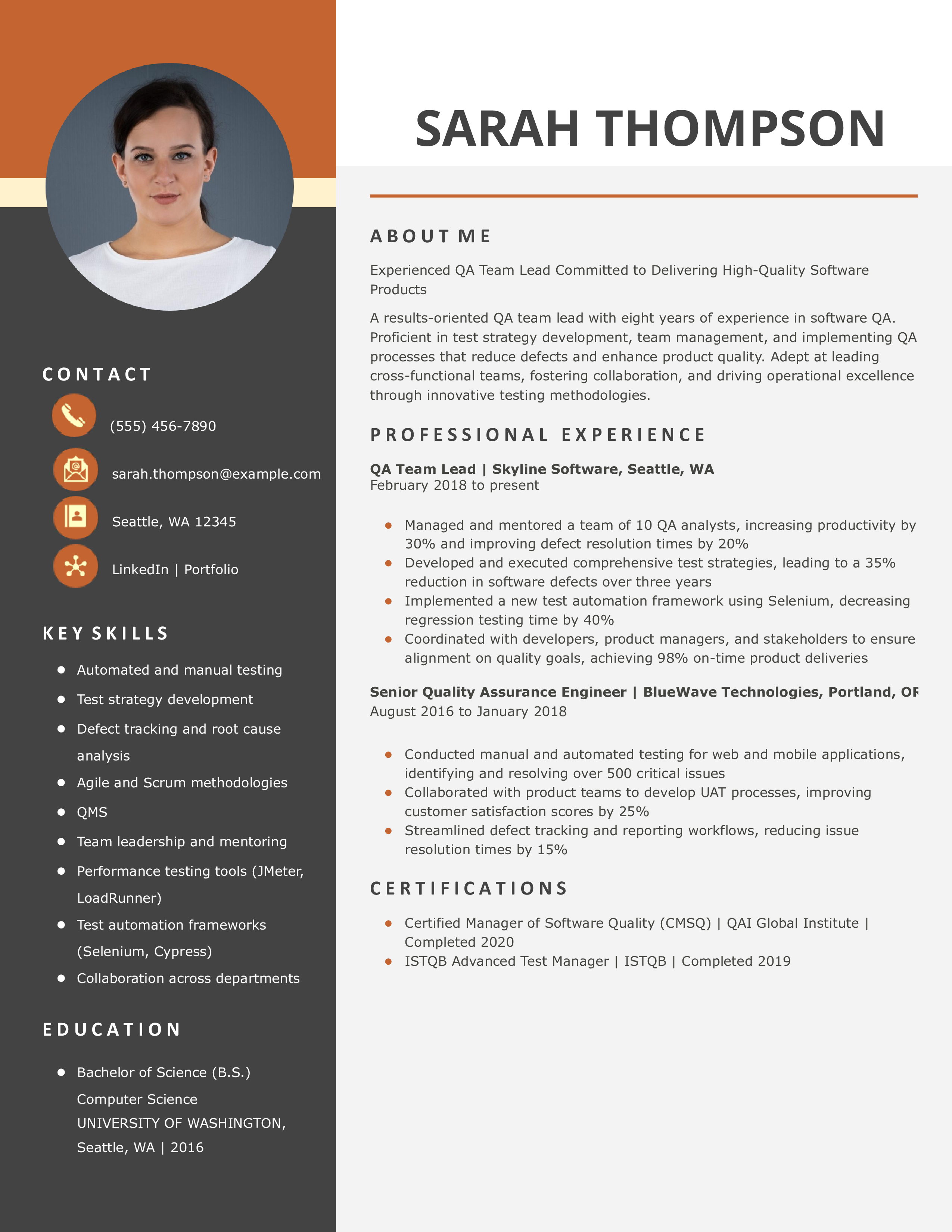 QA Team Lead Resume Example