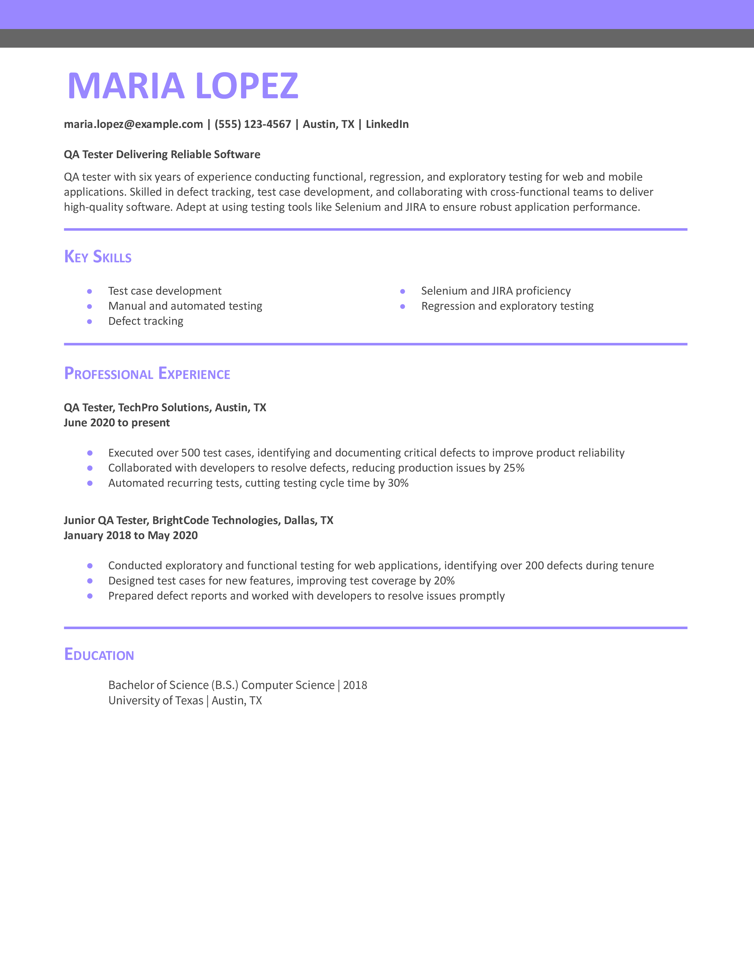 QA Tester Resume Example