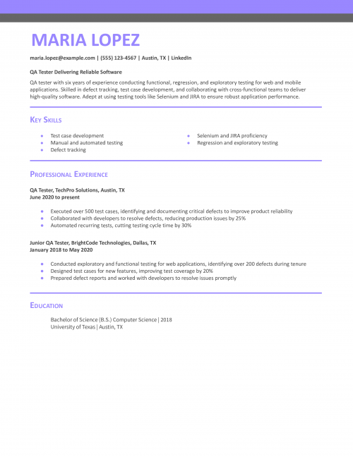 QA Tester Resume Example