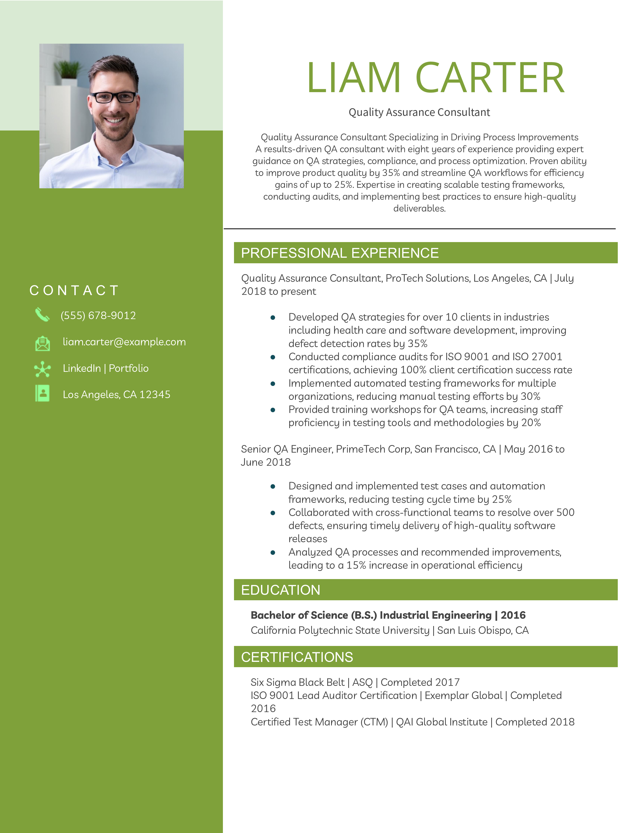 Quality Assurance Consultant Resume Example