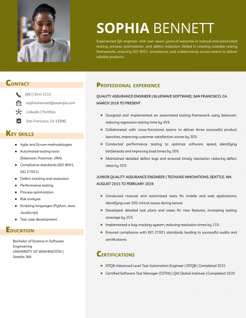 Quality Assurance Engineer Resume Example