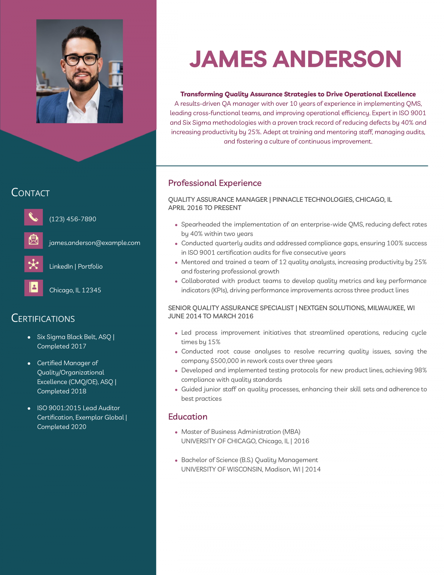 Quality Assurance Manager Resume Example