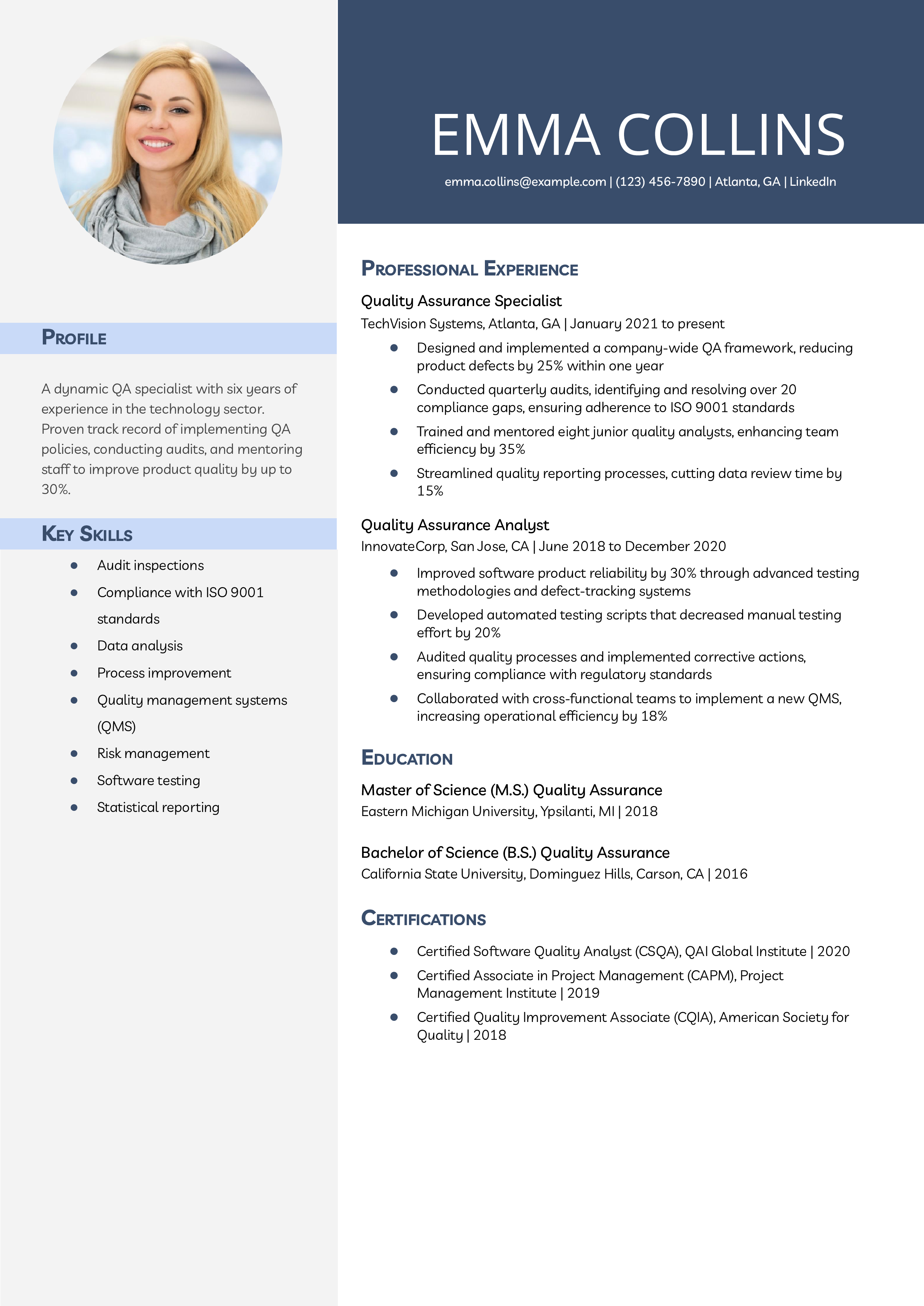 Quality Assurance Specialist Resume Example