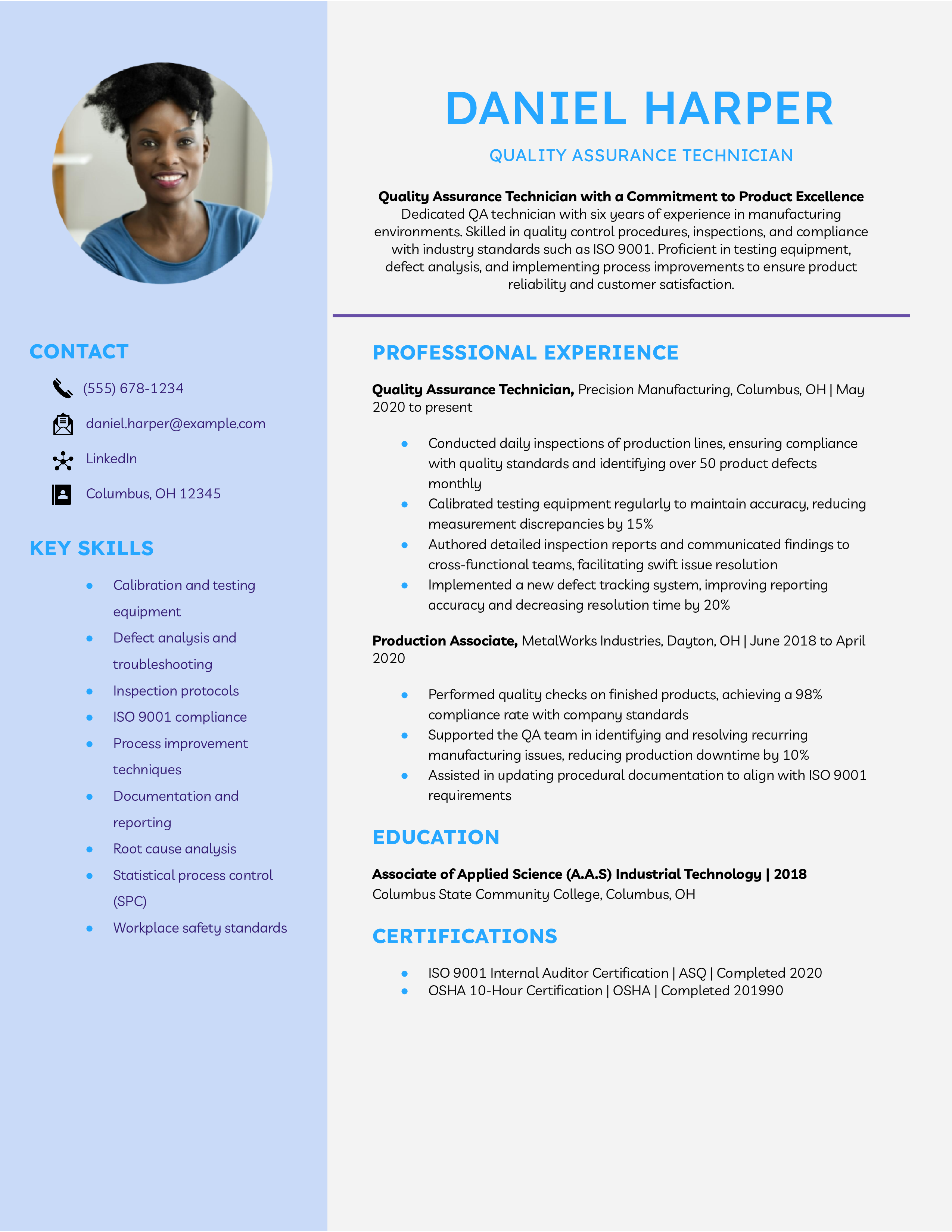Quality Assurance Technician Resume Example