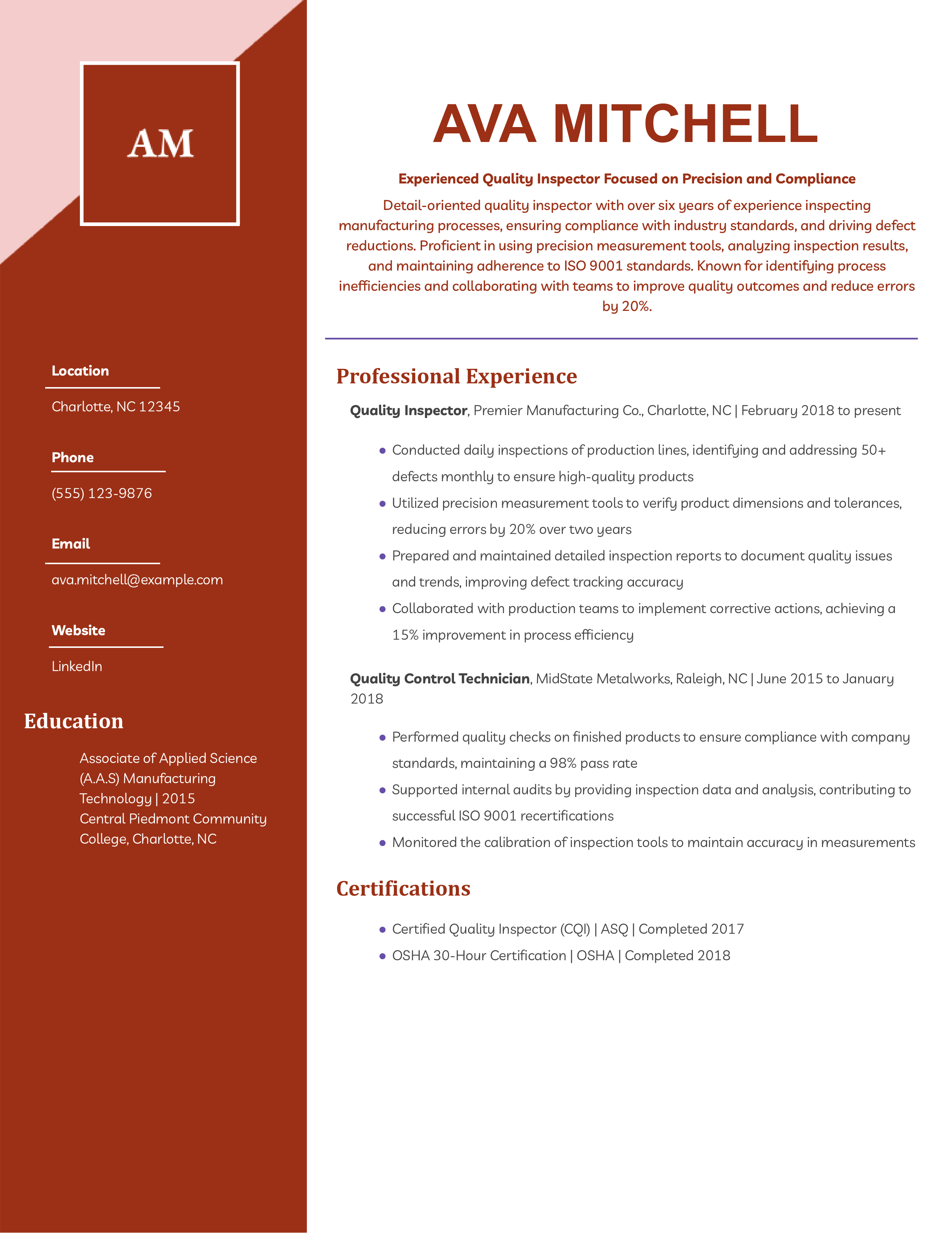 Quality Inspector Resume Example
