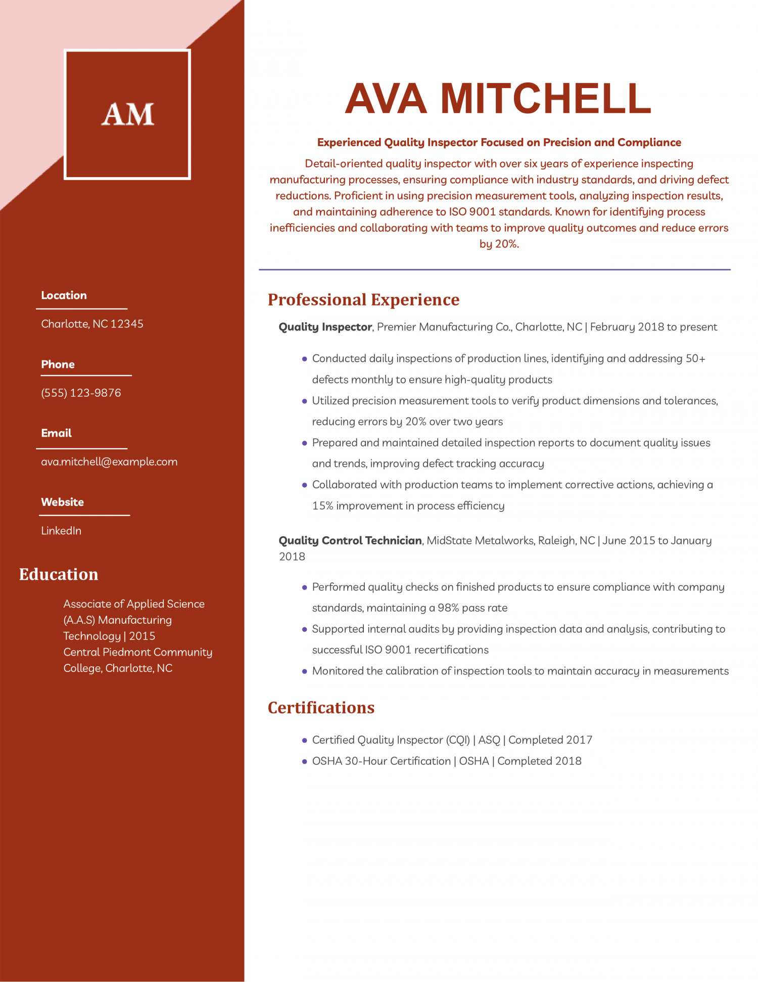 Quality Inspector Resume Example