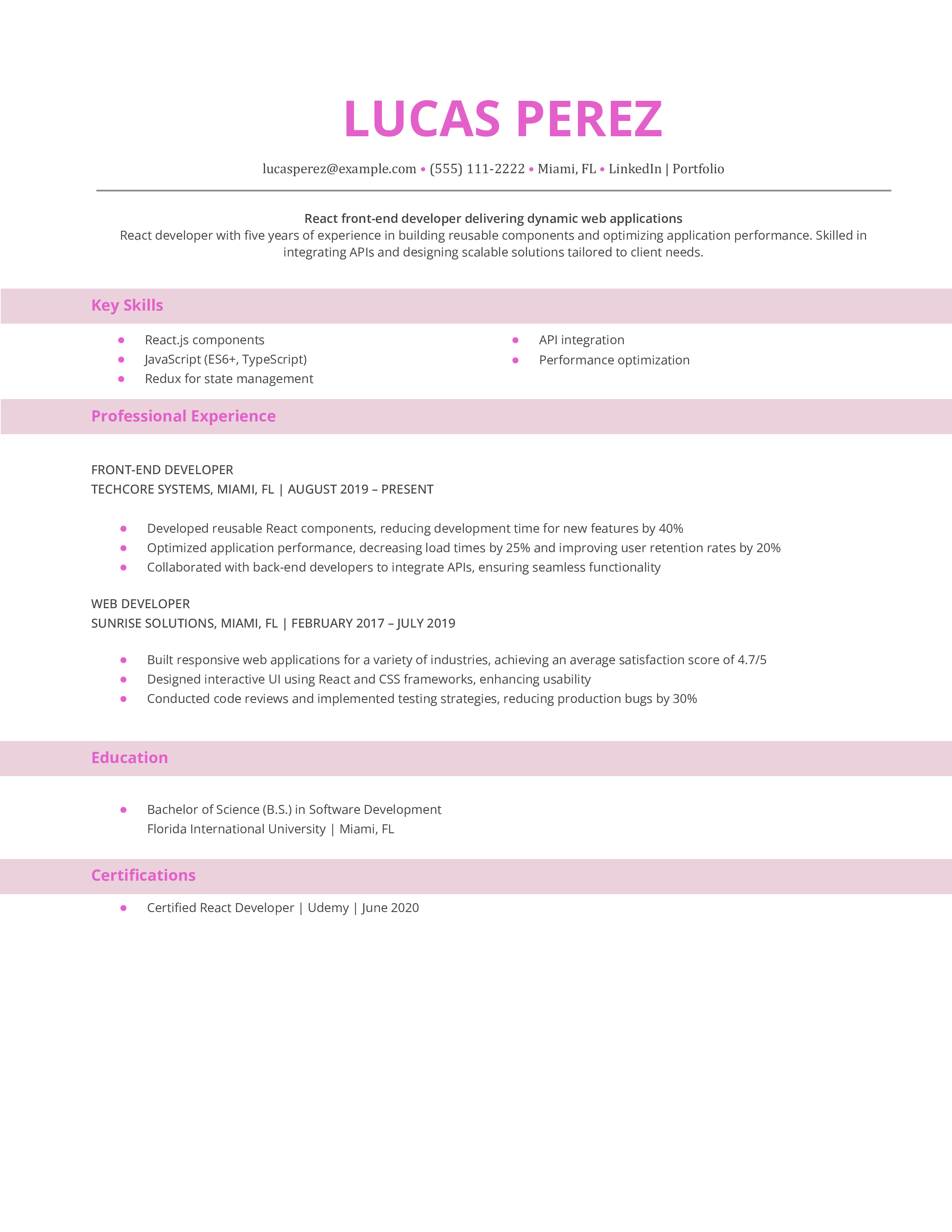 React Front-End Developer Resume Example