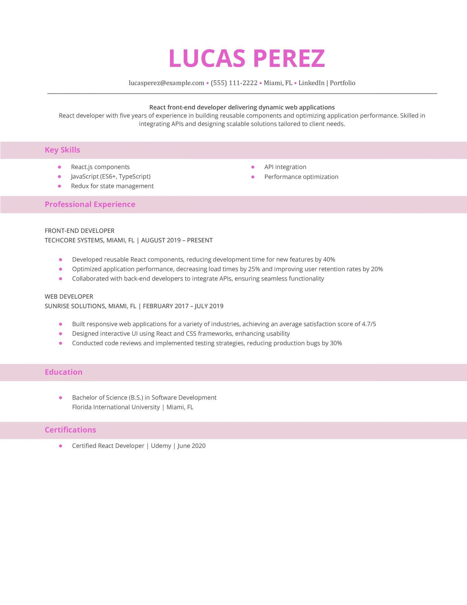 React Front-End Developer Resume Example