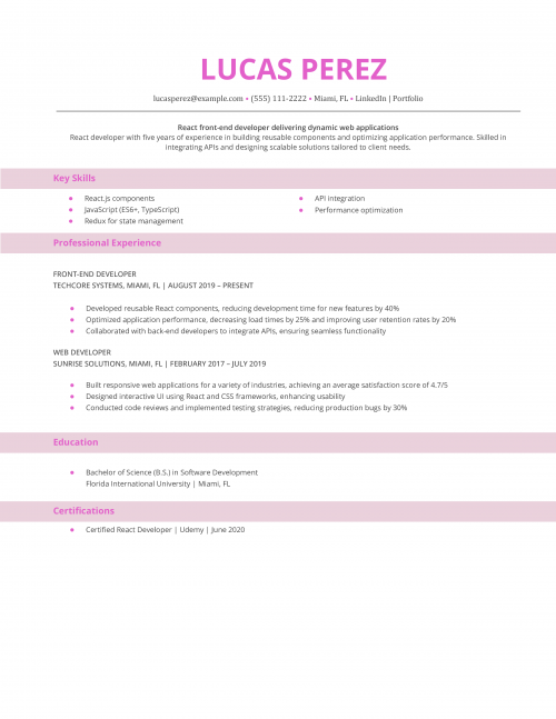 React Front-End Developer Resume Example