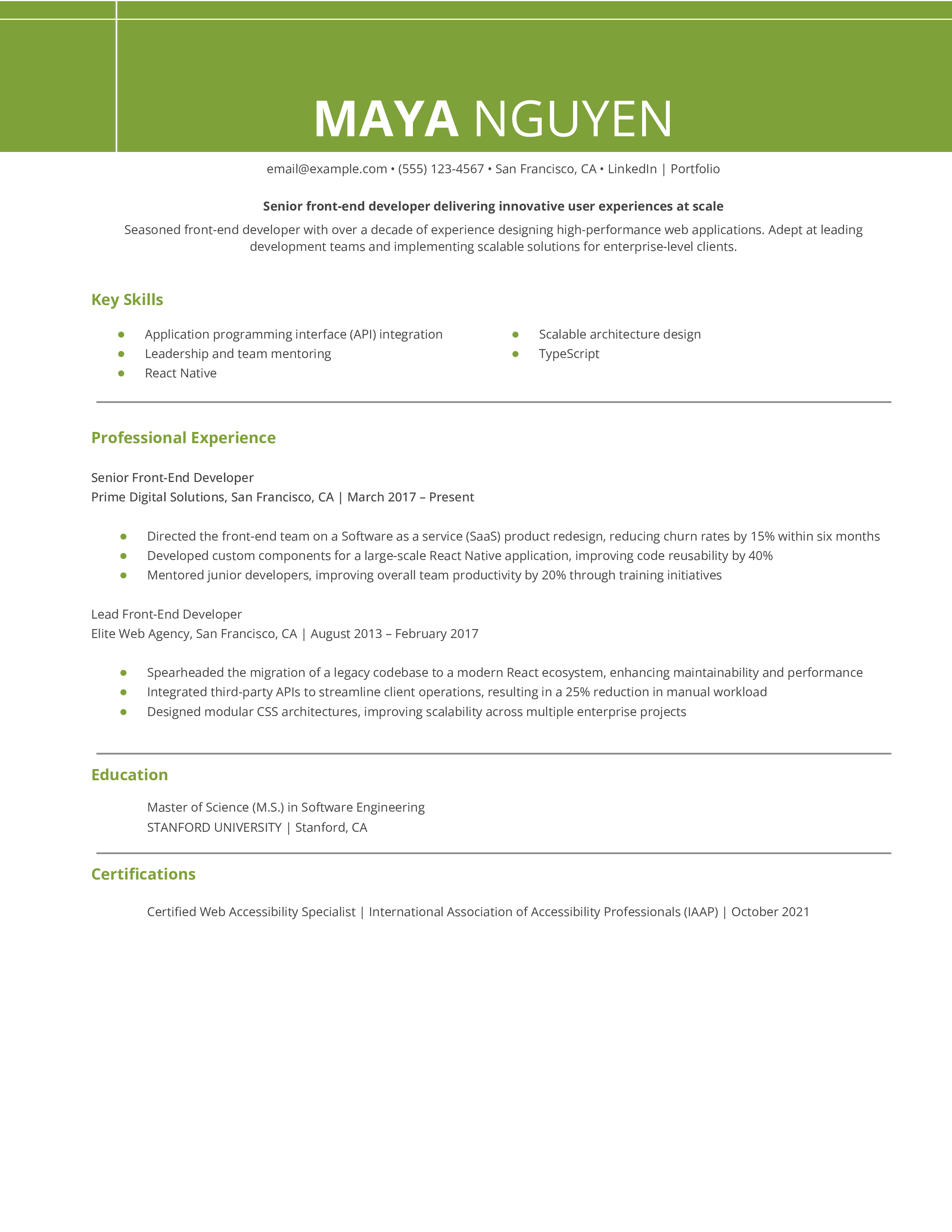 Senior Front-End Developer Resume Example