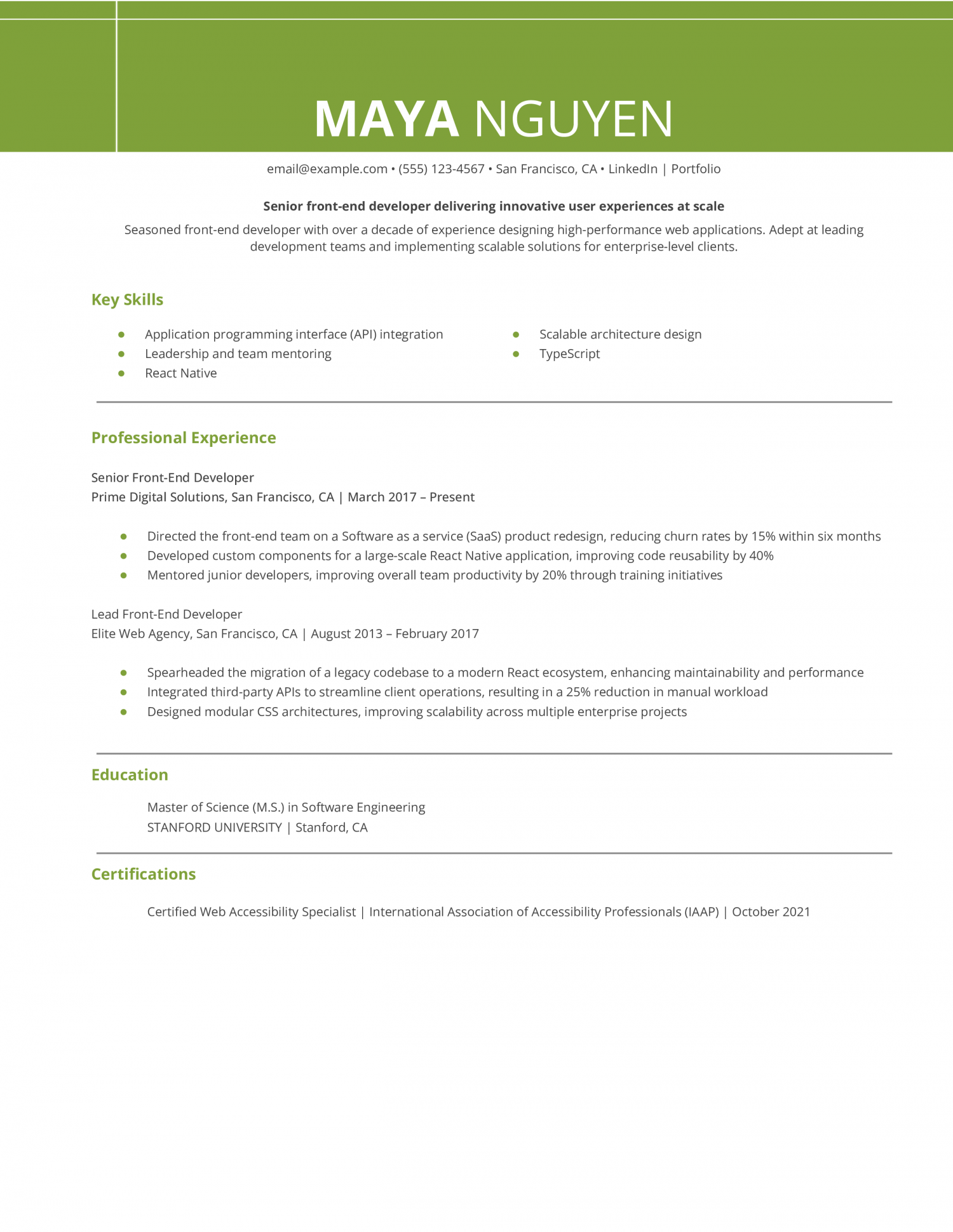 Senior Front-End Developer Resume Example
