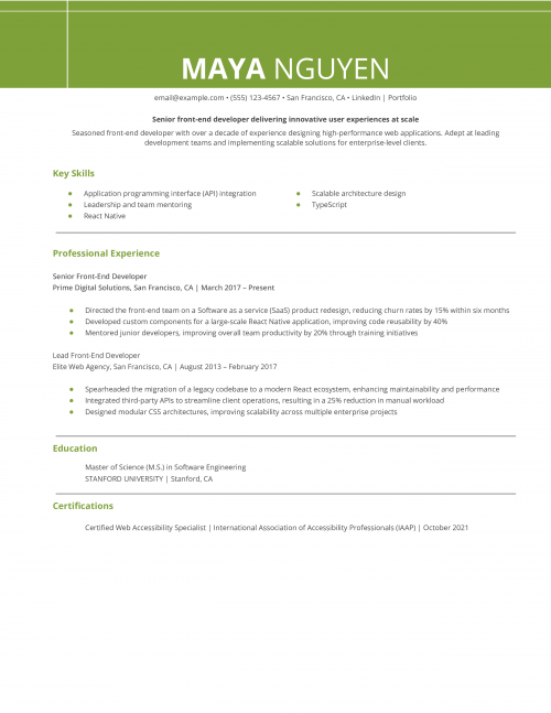 Senior Front-End Developer Resume Example