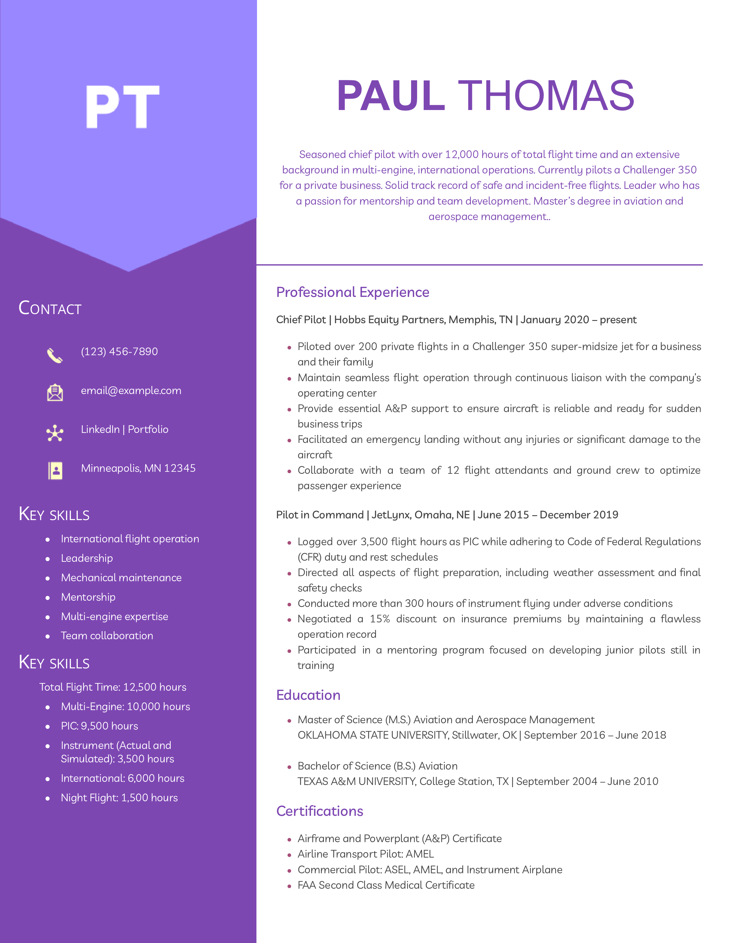 Senior Level Pilot Resume Examples