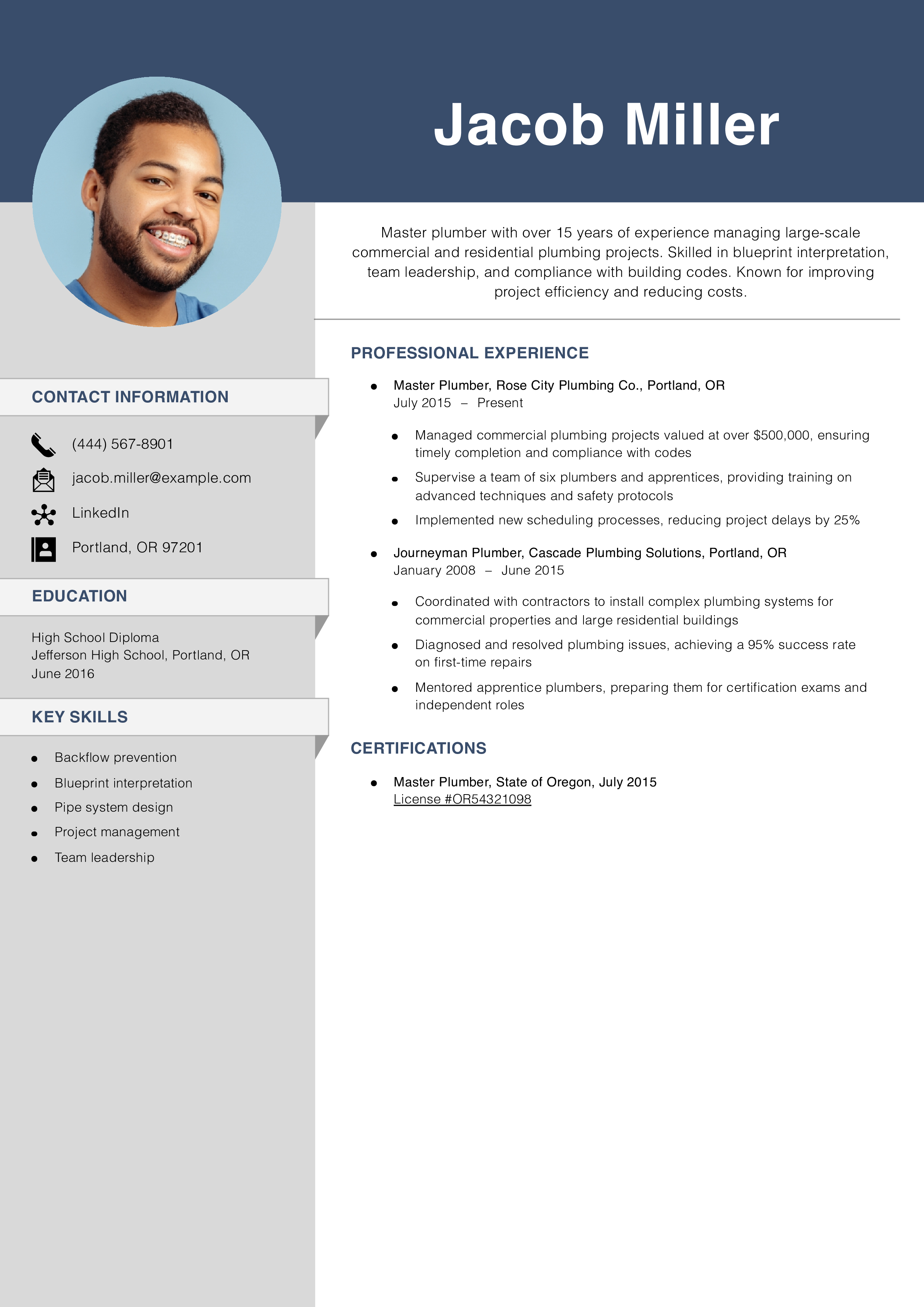Senior Plumber Resume Example