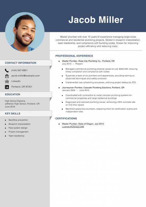 Senior Plumber Resume Example