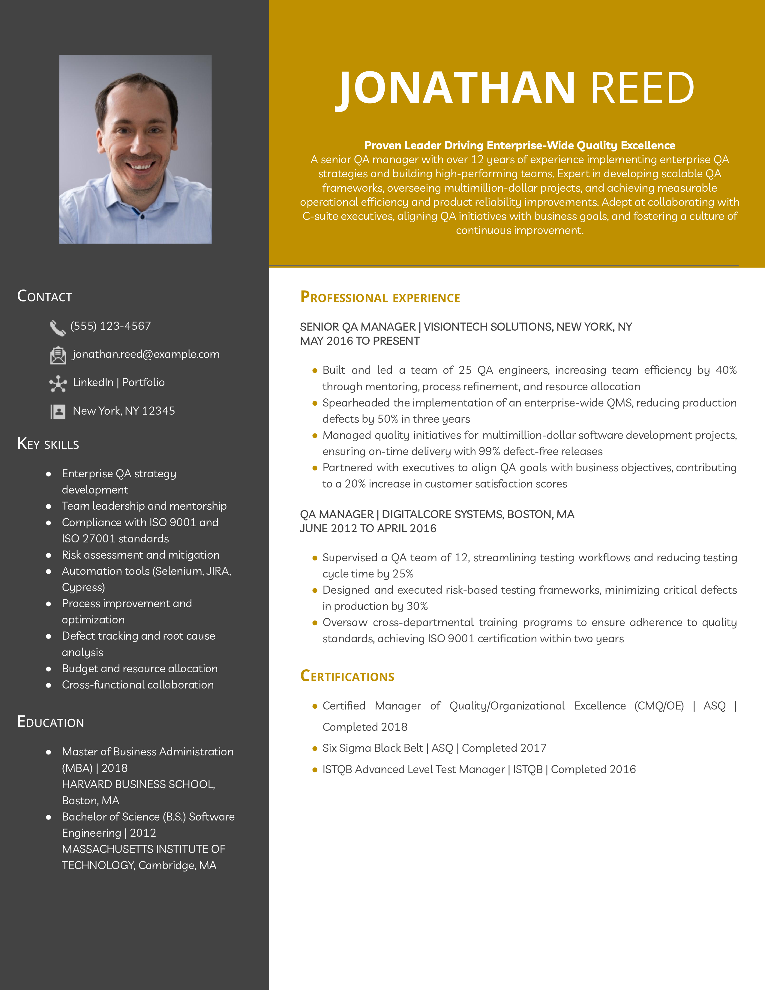 Senior QA Manager Resume Example
