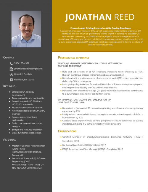 Senior QA Manager Resume Example