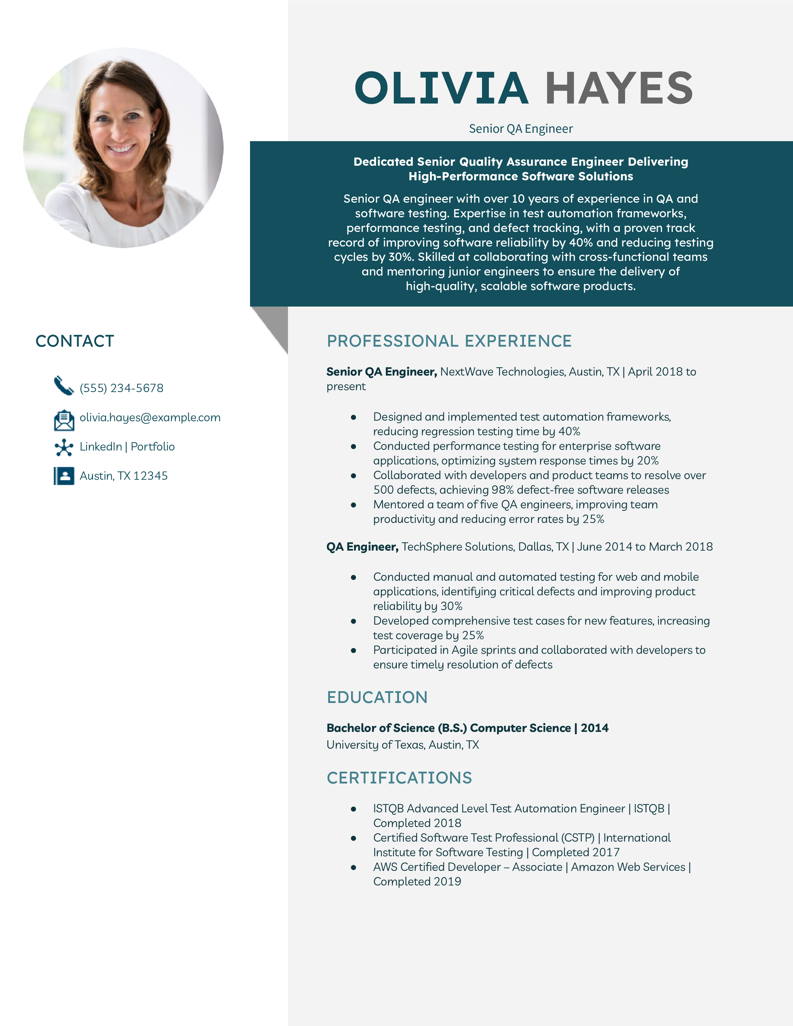 Senior Quality Assurance Engineer Resume Example