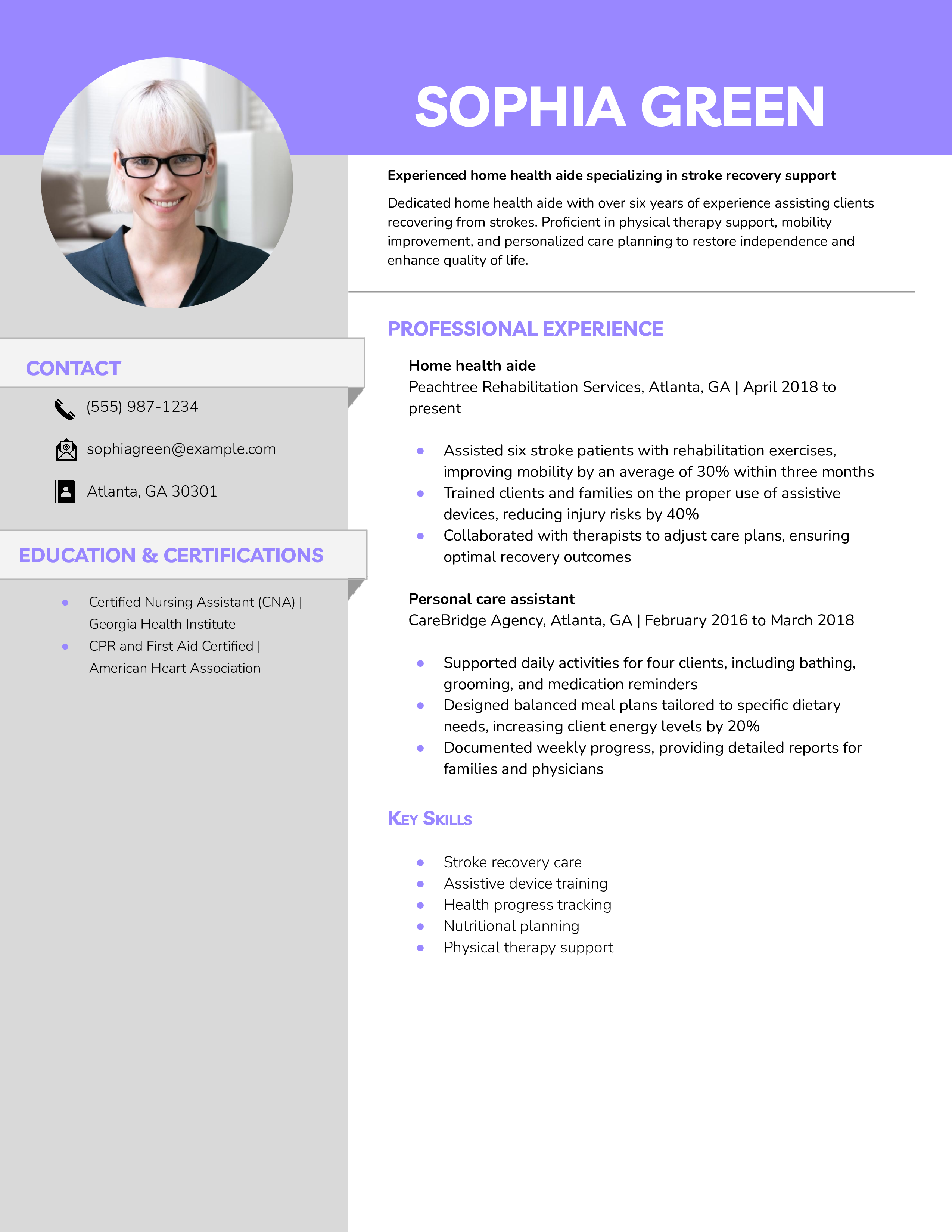 Stroke Recovery Home Health Aide Resume Example