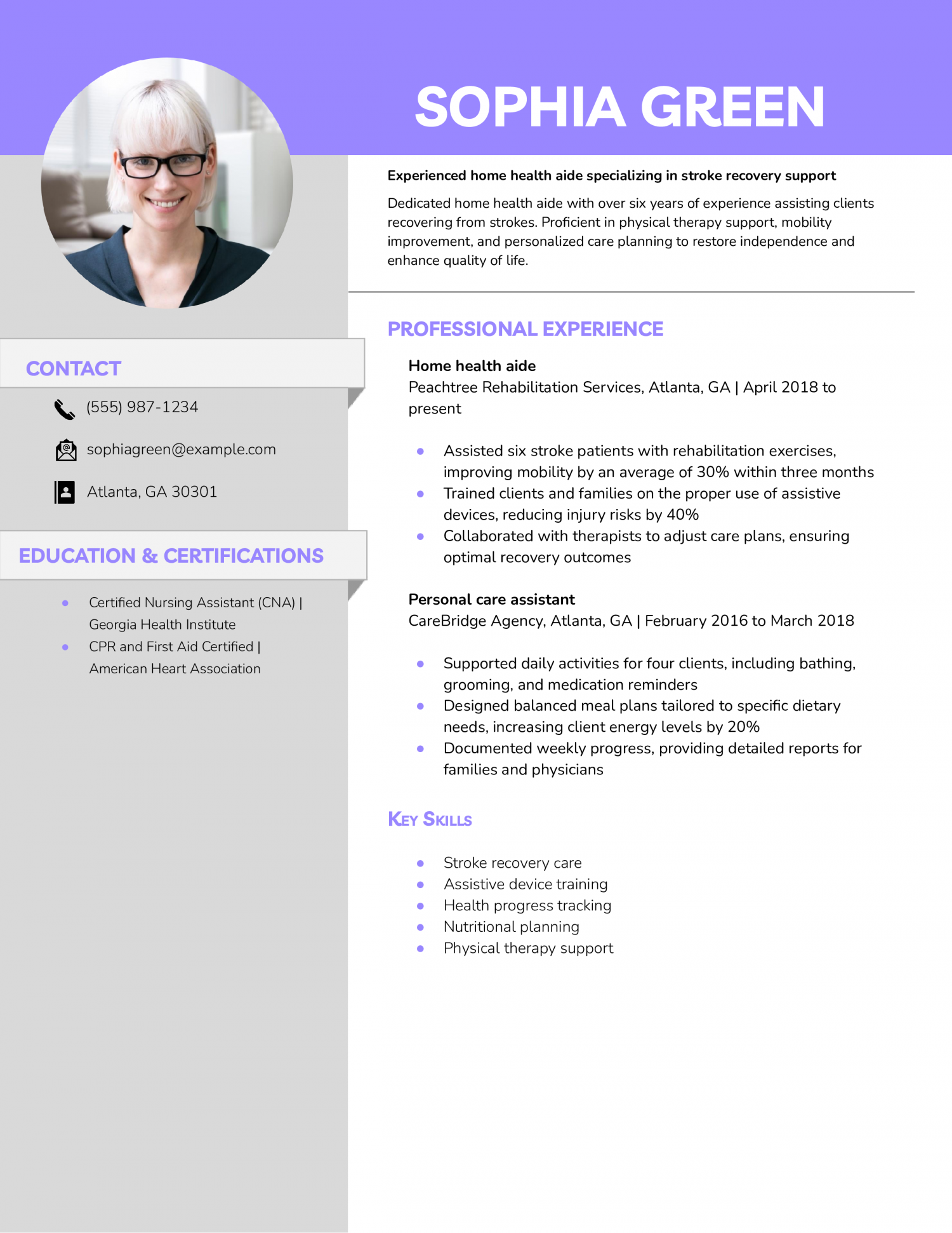 Stroke Recovery Home Health Aide Resume Example