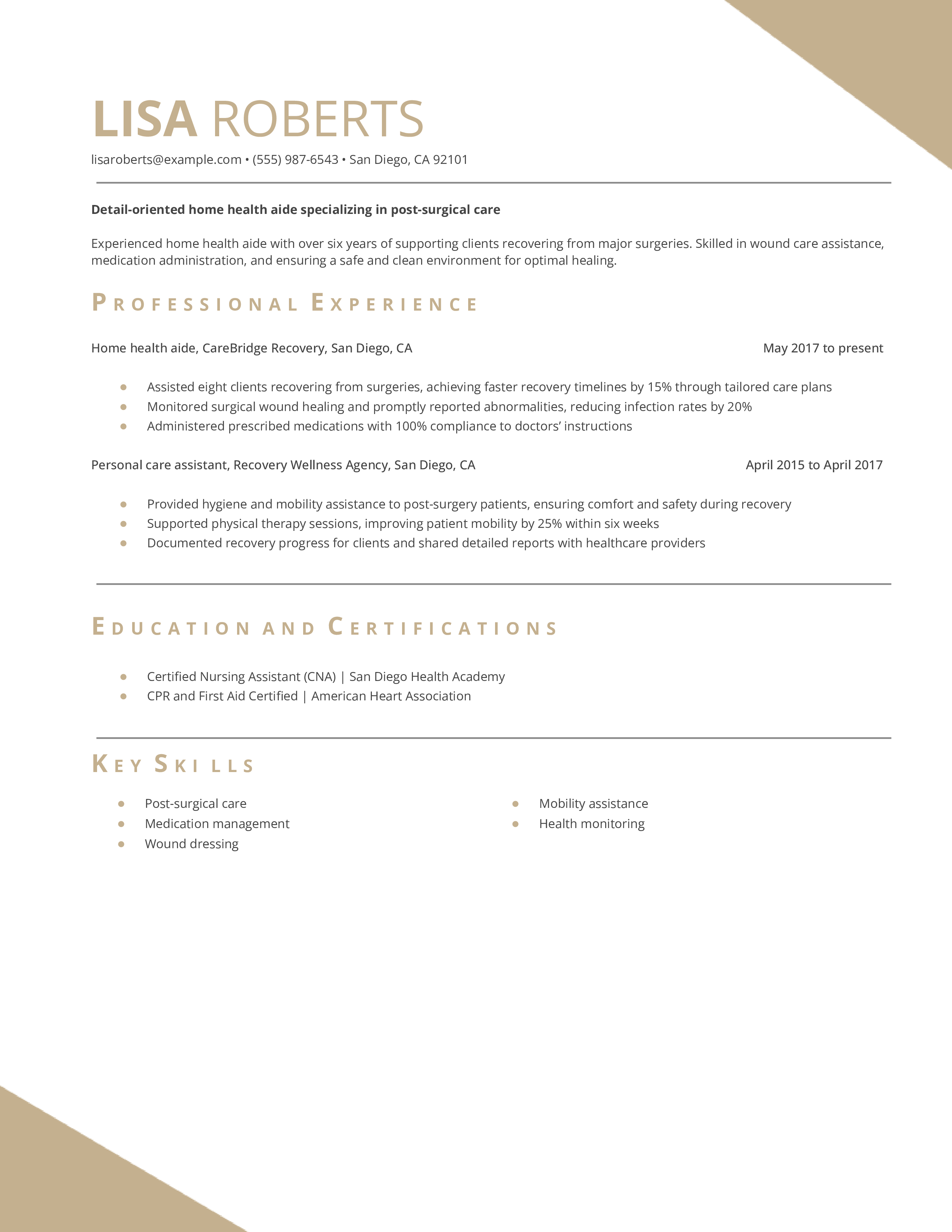 Wound Home Health Aide Resume Example