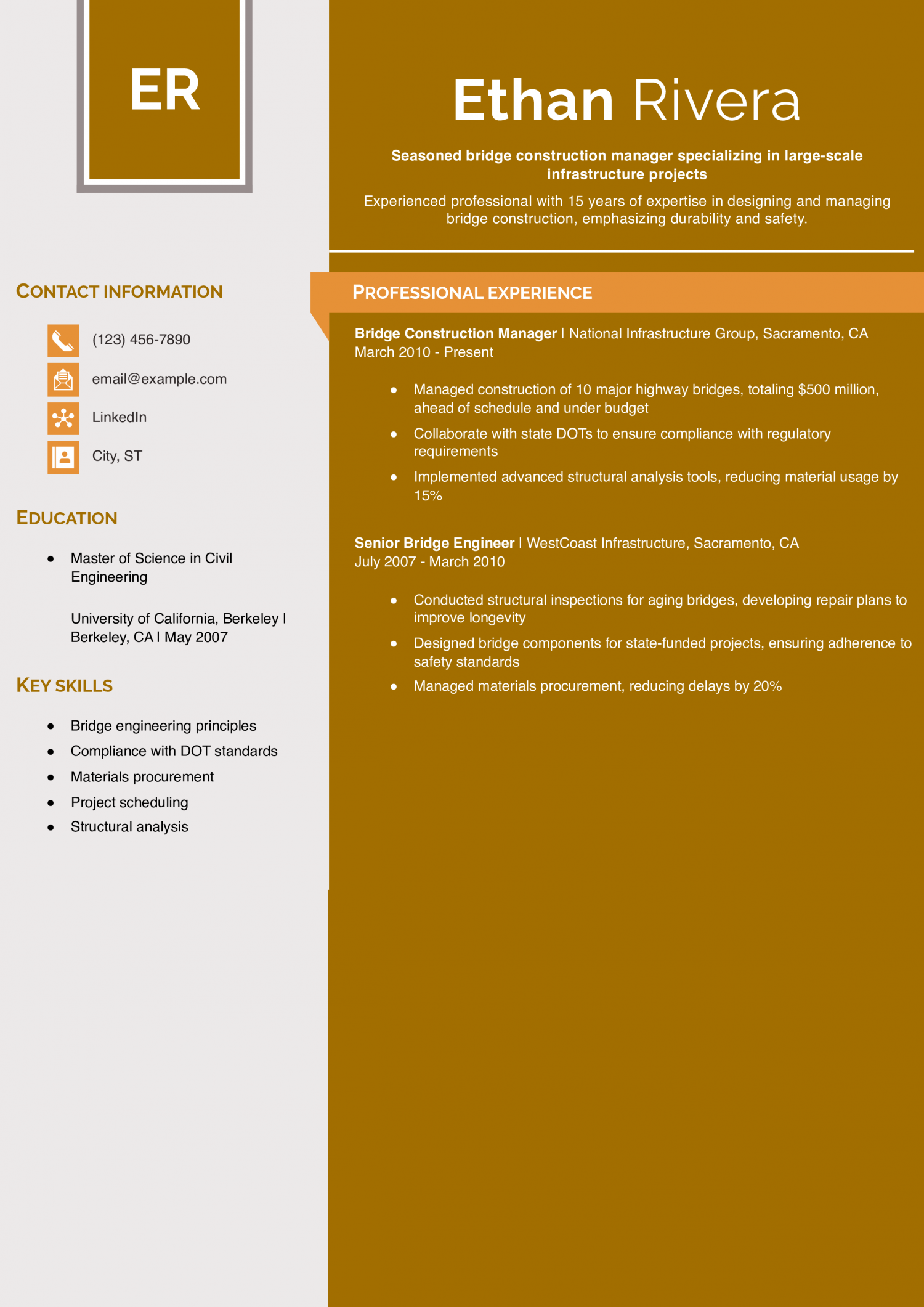 Bridge Construction Manager Resume Example