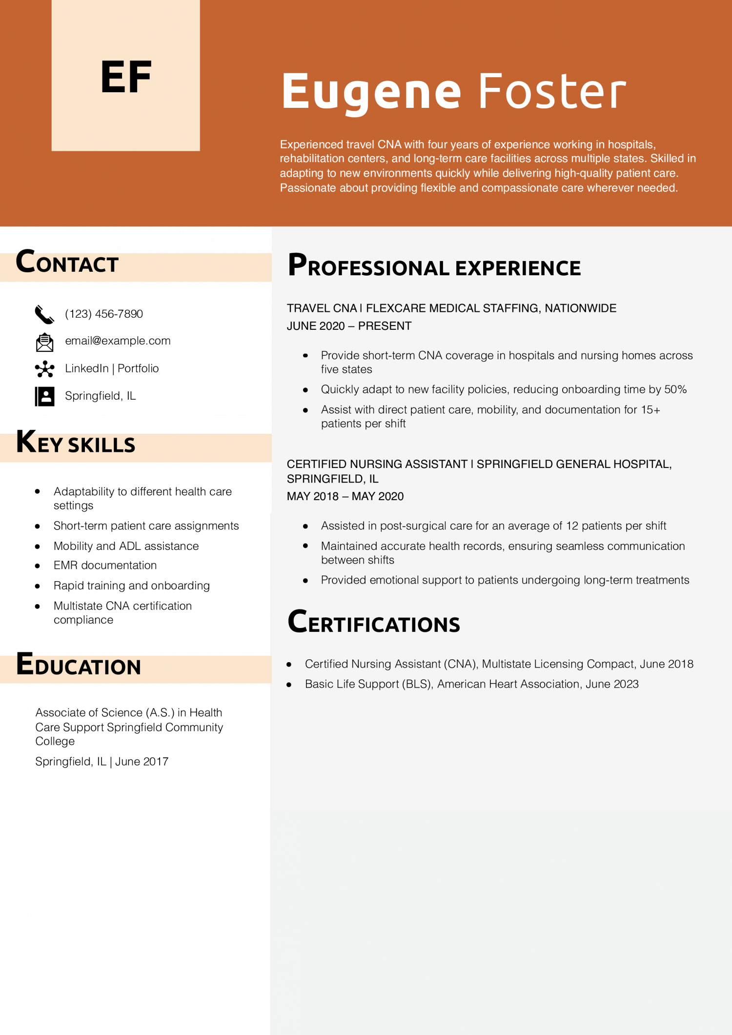 Travel CNA Resume
