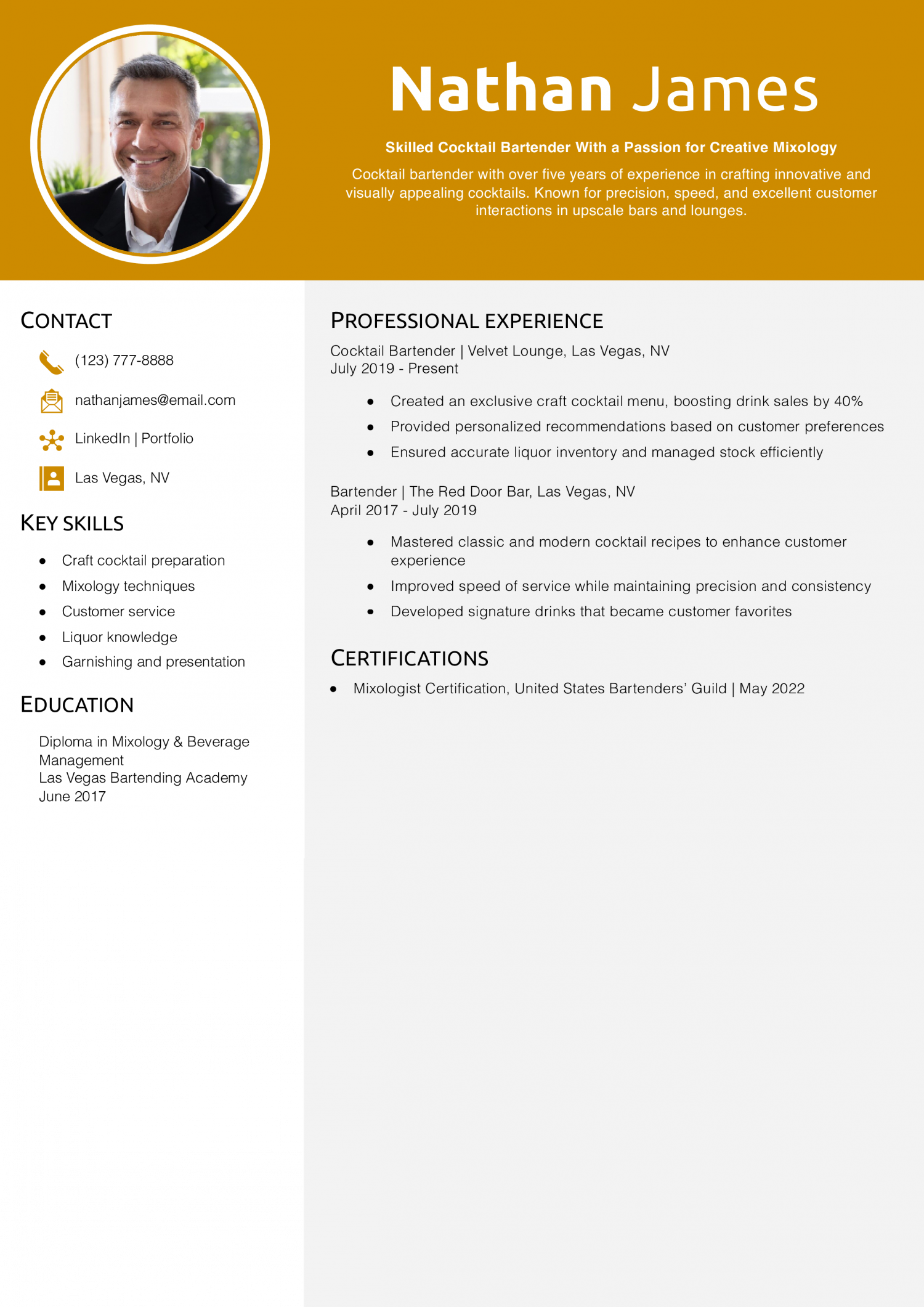 Cocktail Bartender Resume Example