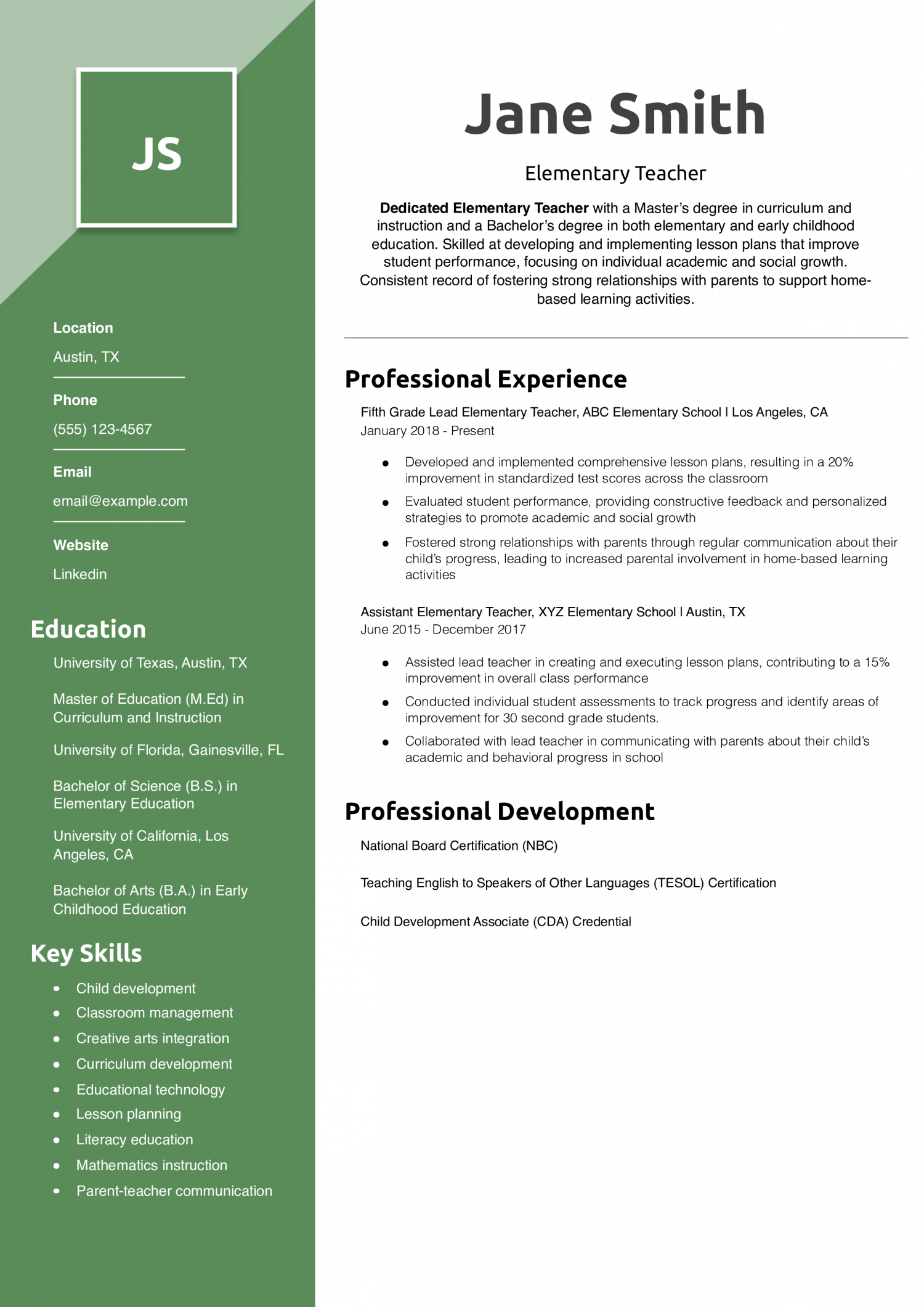 Elementary Teacher Resume Example