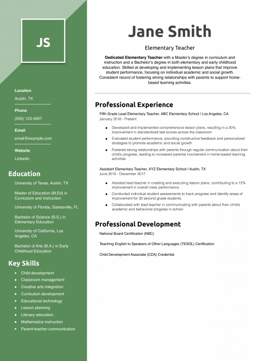 Elementary Teacher Resume Example