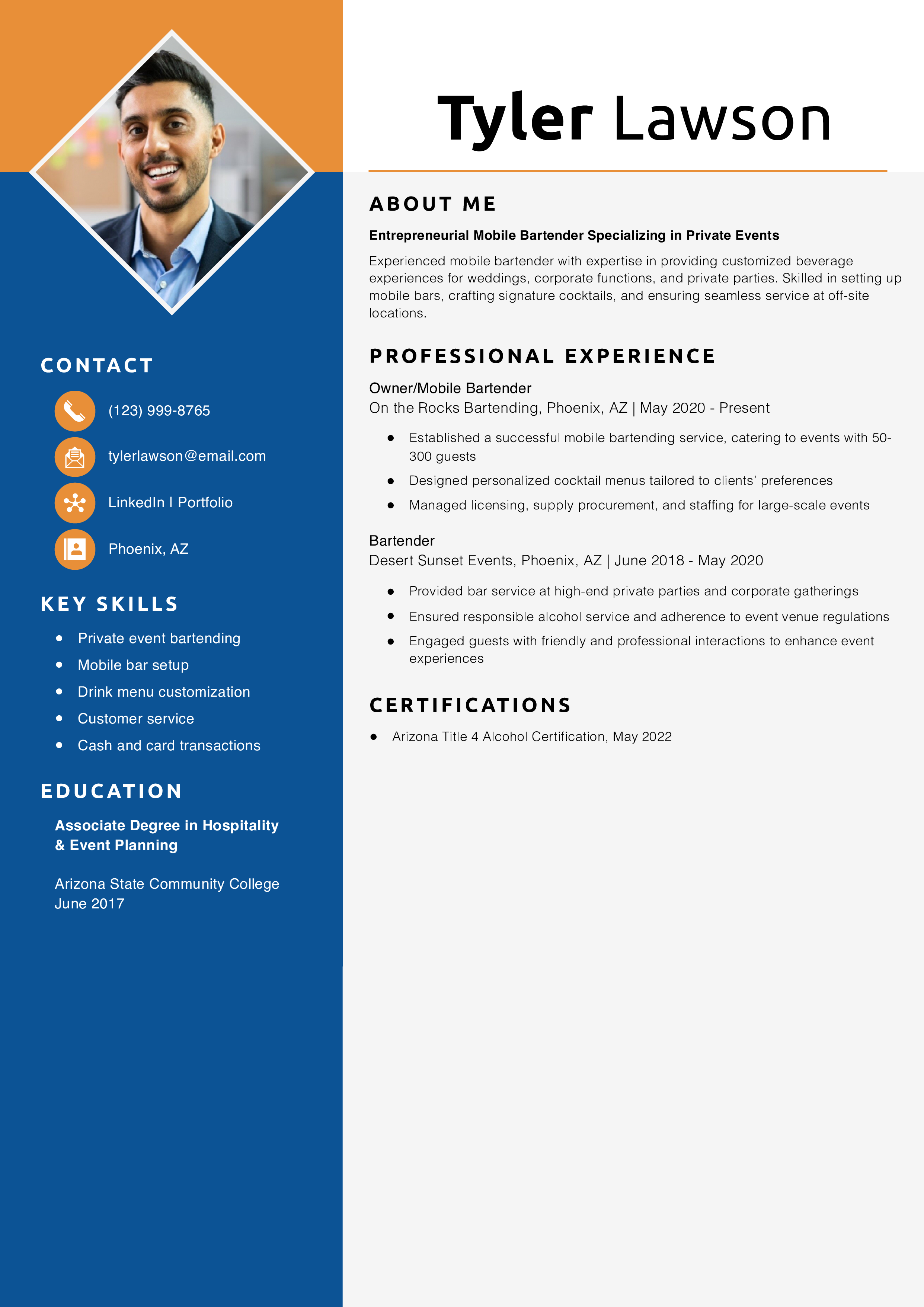 Mobile Bartender Resume Example