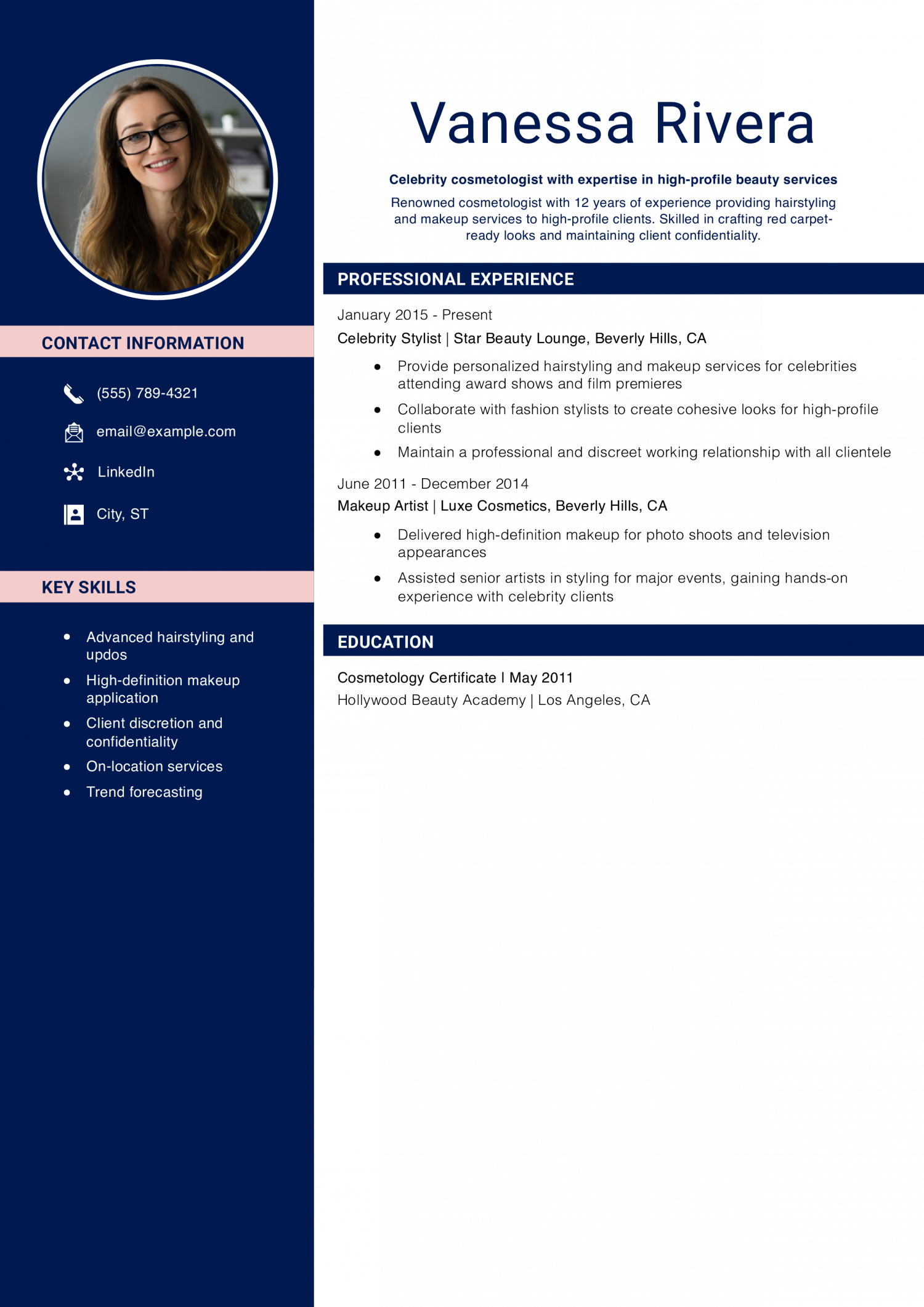 Celebrity Cosmetologist Resume Example