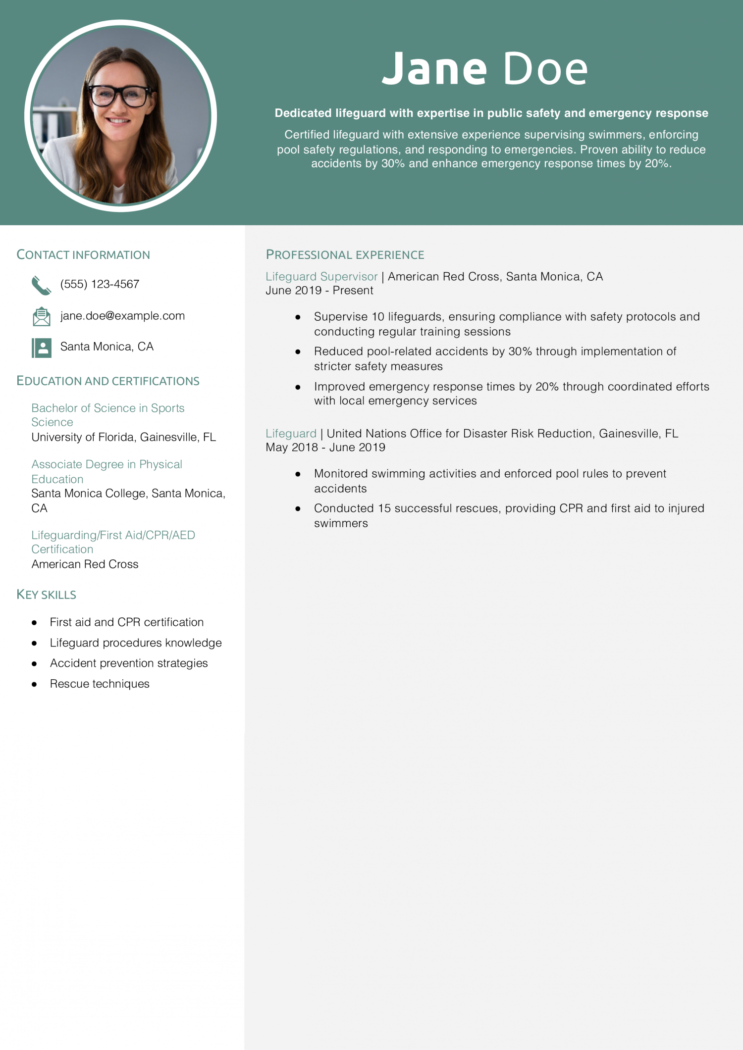 Lifeguard Resume Example