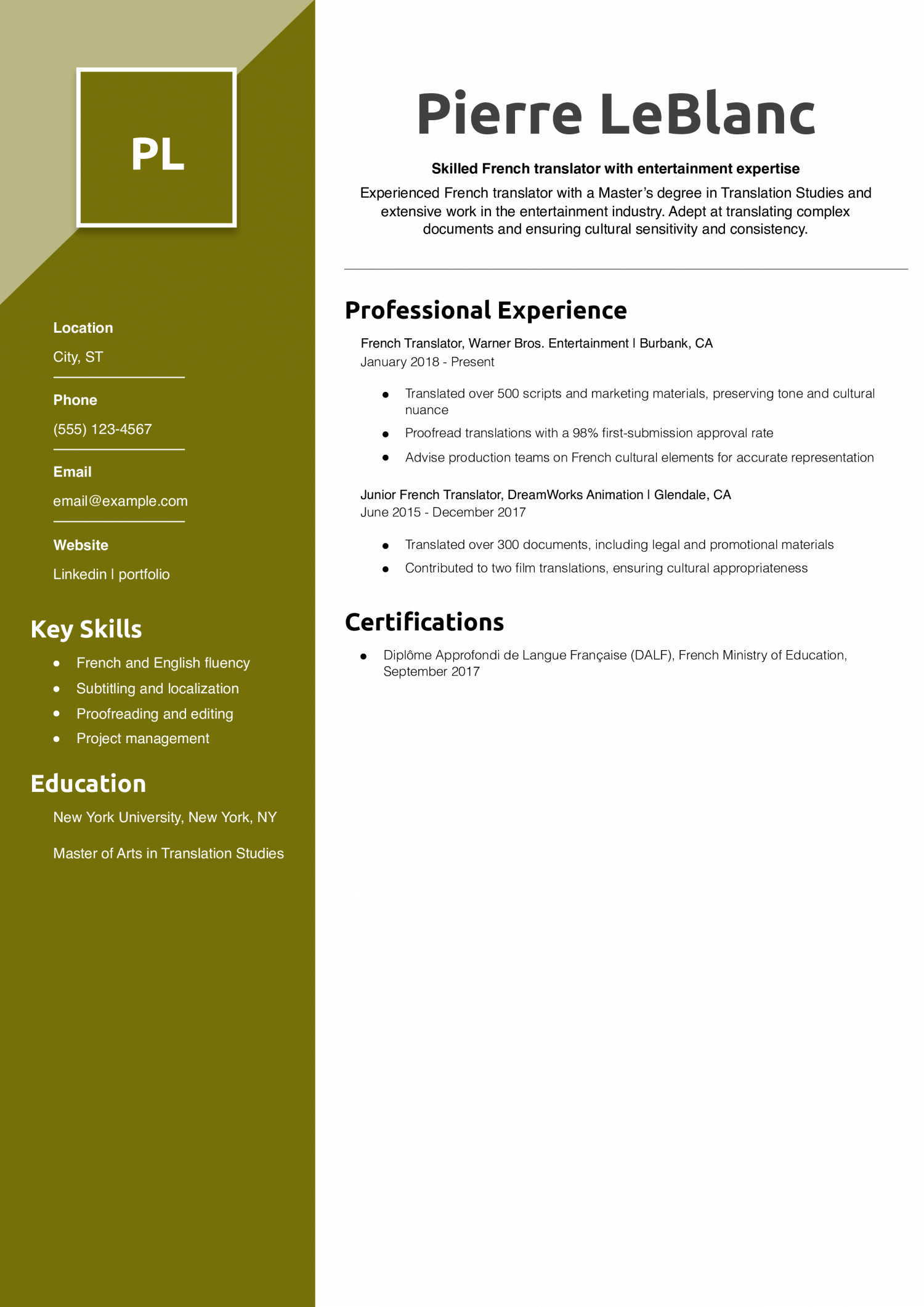 French Translator Resume Example