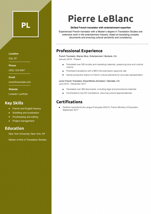 French Translator Resume Example