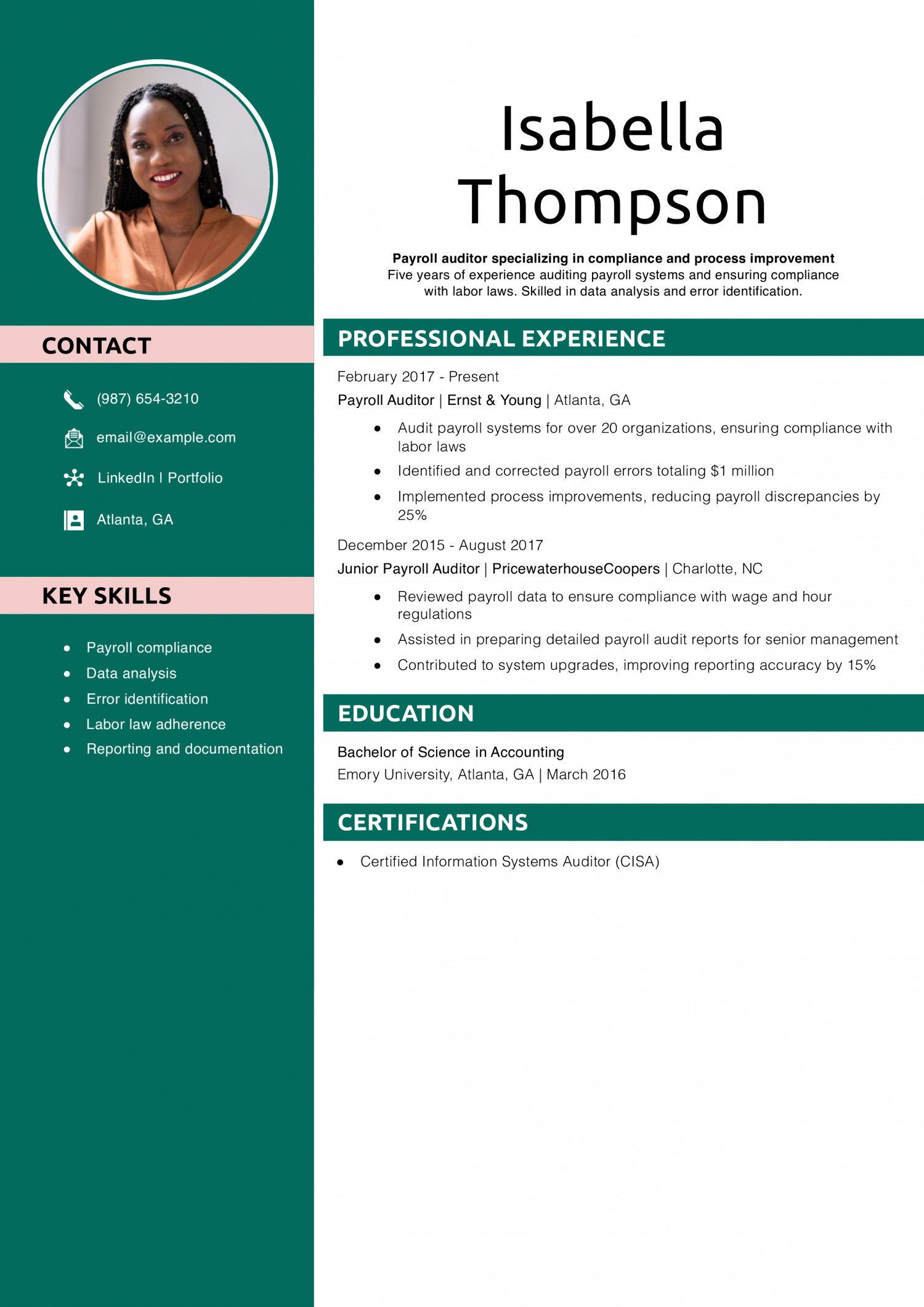 Payroll Auditor Resume Example