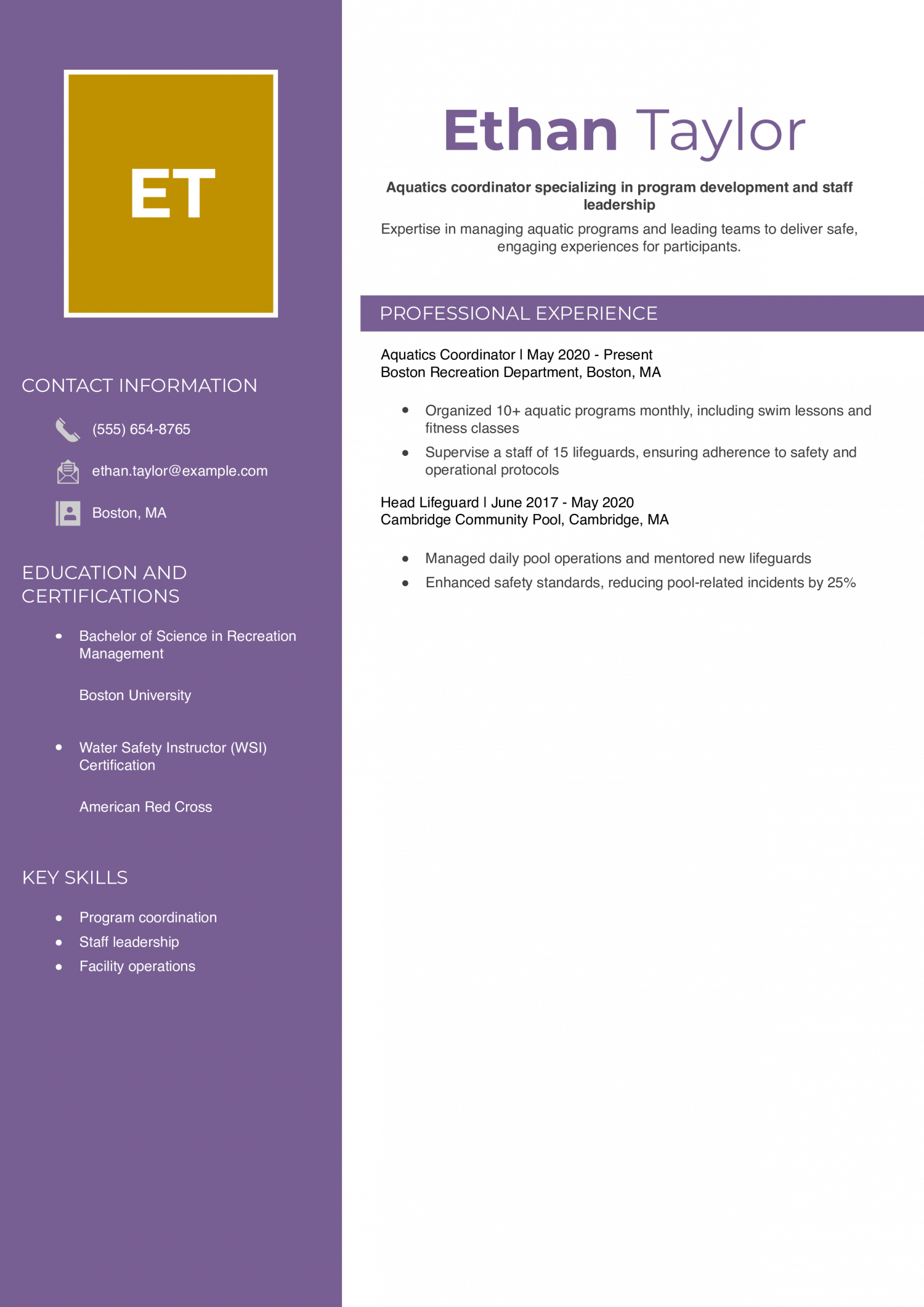 Aquatics Coordinator Resume Example