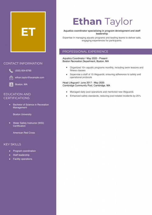 Aquatics Coordinator Resume Example