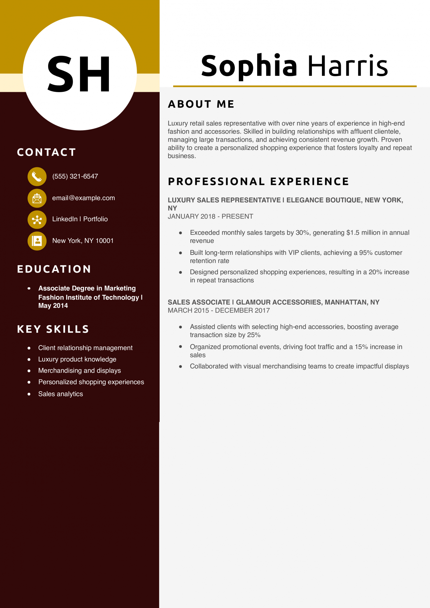 Luxury Retail Sales Representative Resume Example