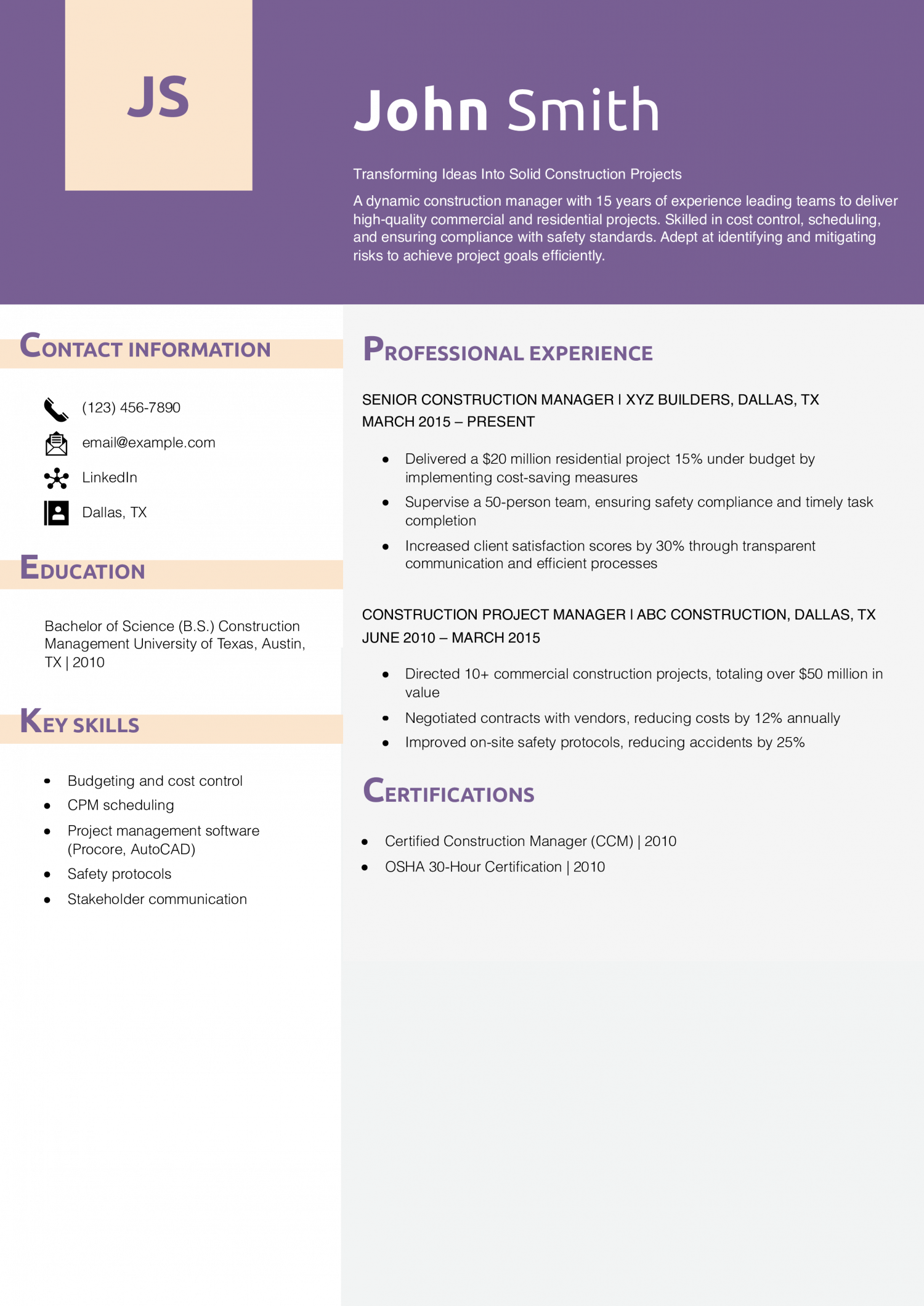 Construction Manager Resume Example