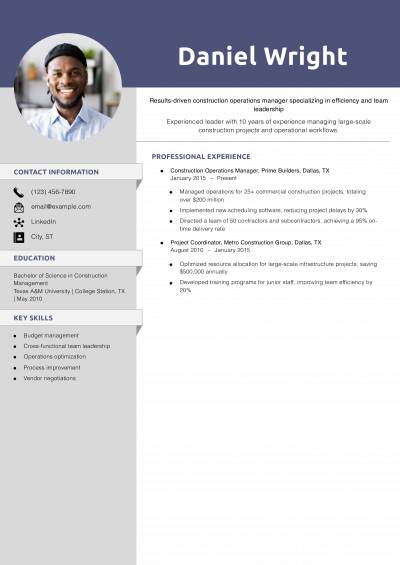 Construction Operations Manager Resume Example