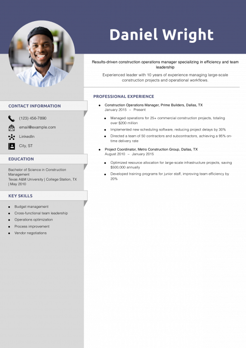 Construction Operations Manager Resume Example