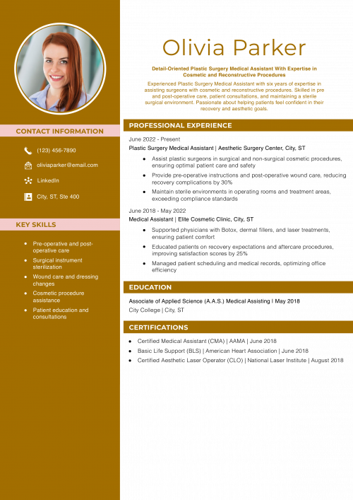 Plastic Surgery Medical Assistant Resume Example